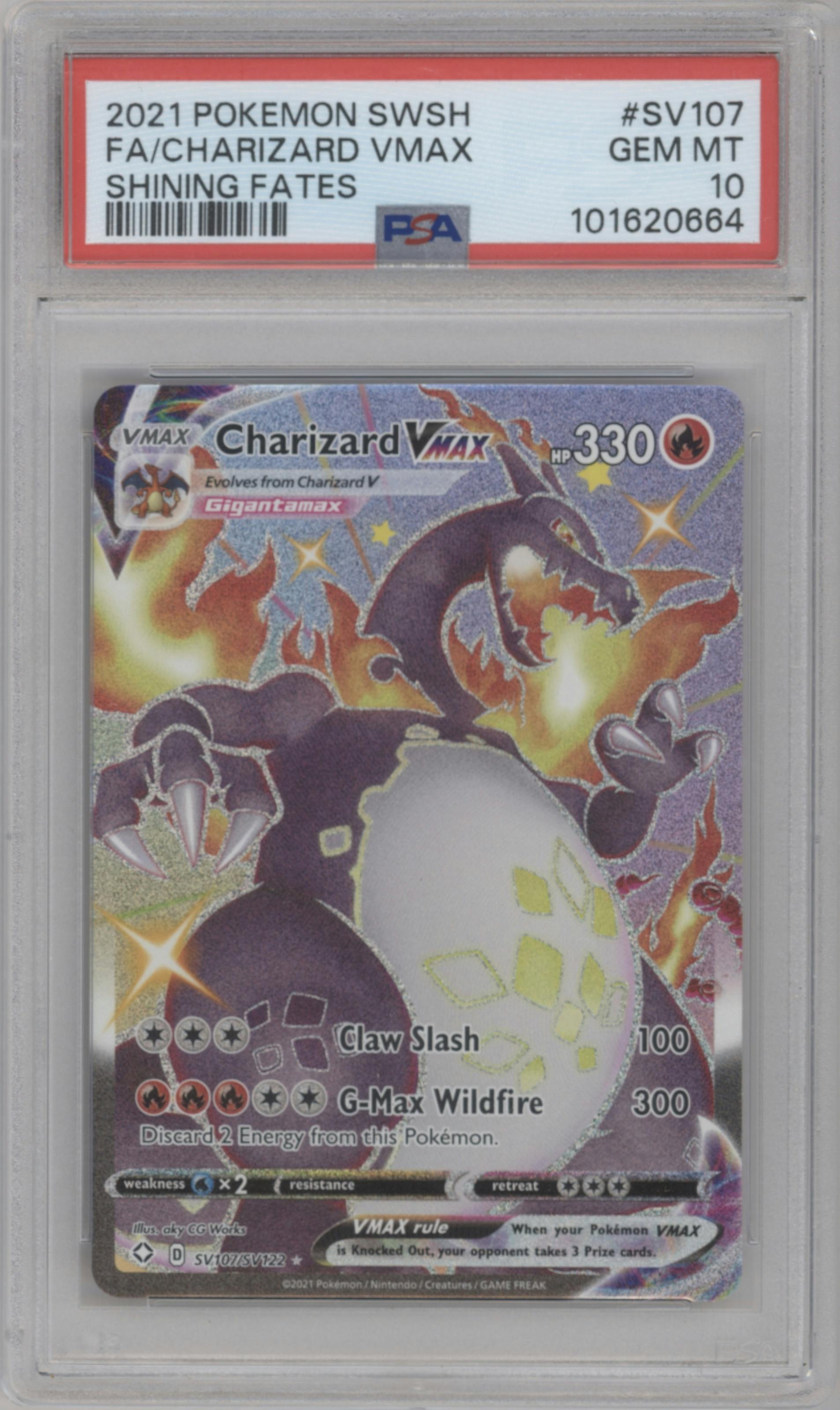 Charizard VMAX from the 2021 Pokemon SWSH set graded by PSA and given an overall grade of 10.