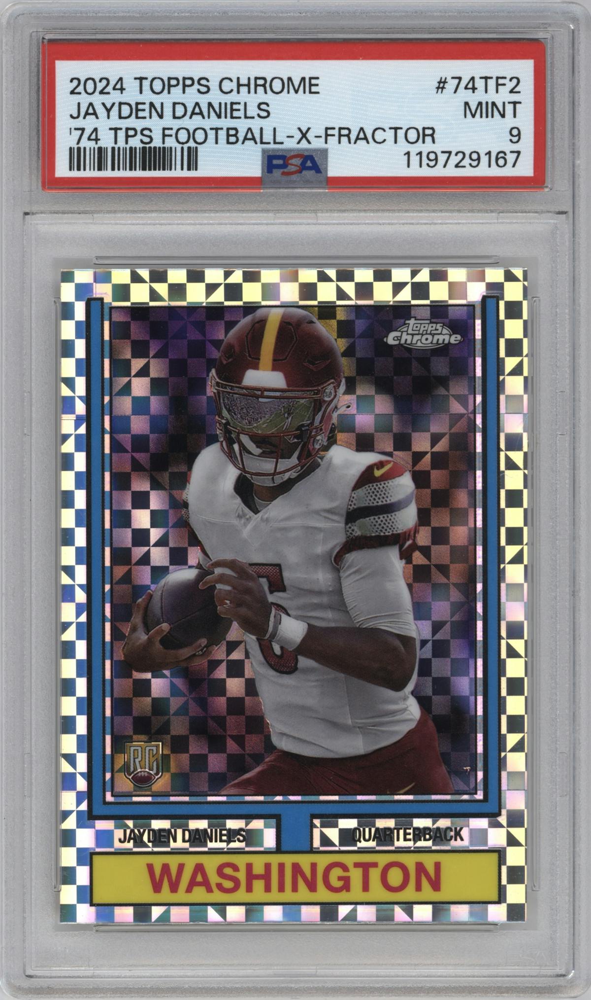 Jayden Daniels from the 2024 Topps Chrome set featuring a X-Fractor parallel graded by PSA and given an overall grade of 9.