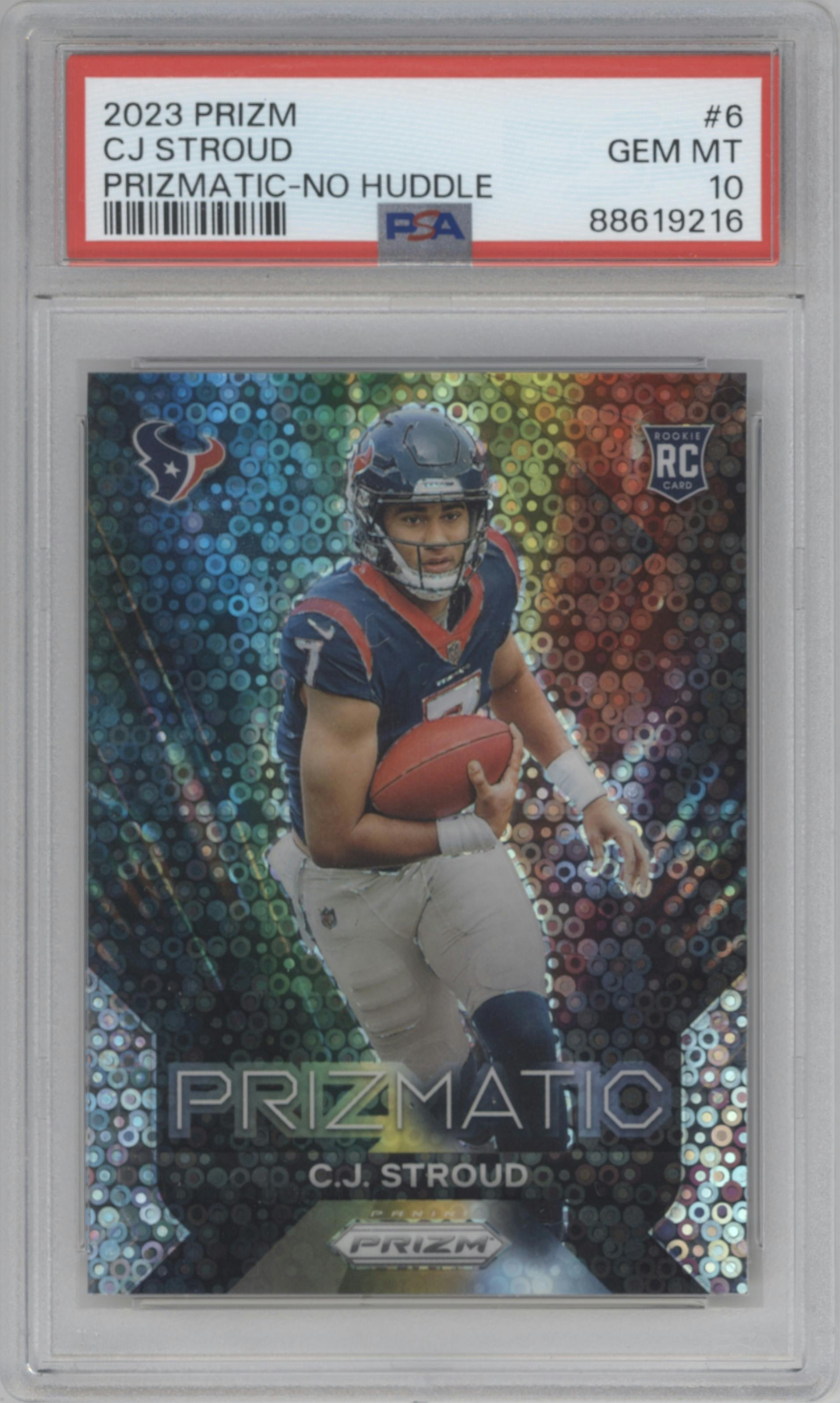 C.J. Stroud from the 2023 Panini Prizm set featuring a No Huddle parallel graded by PSA and given an overall grade of 10.