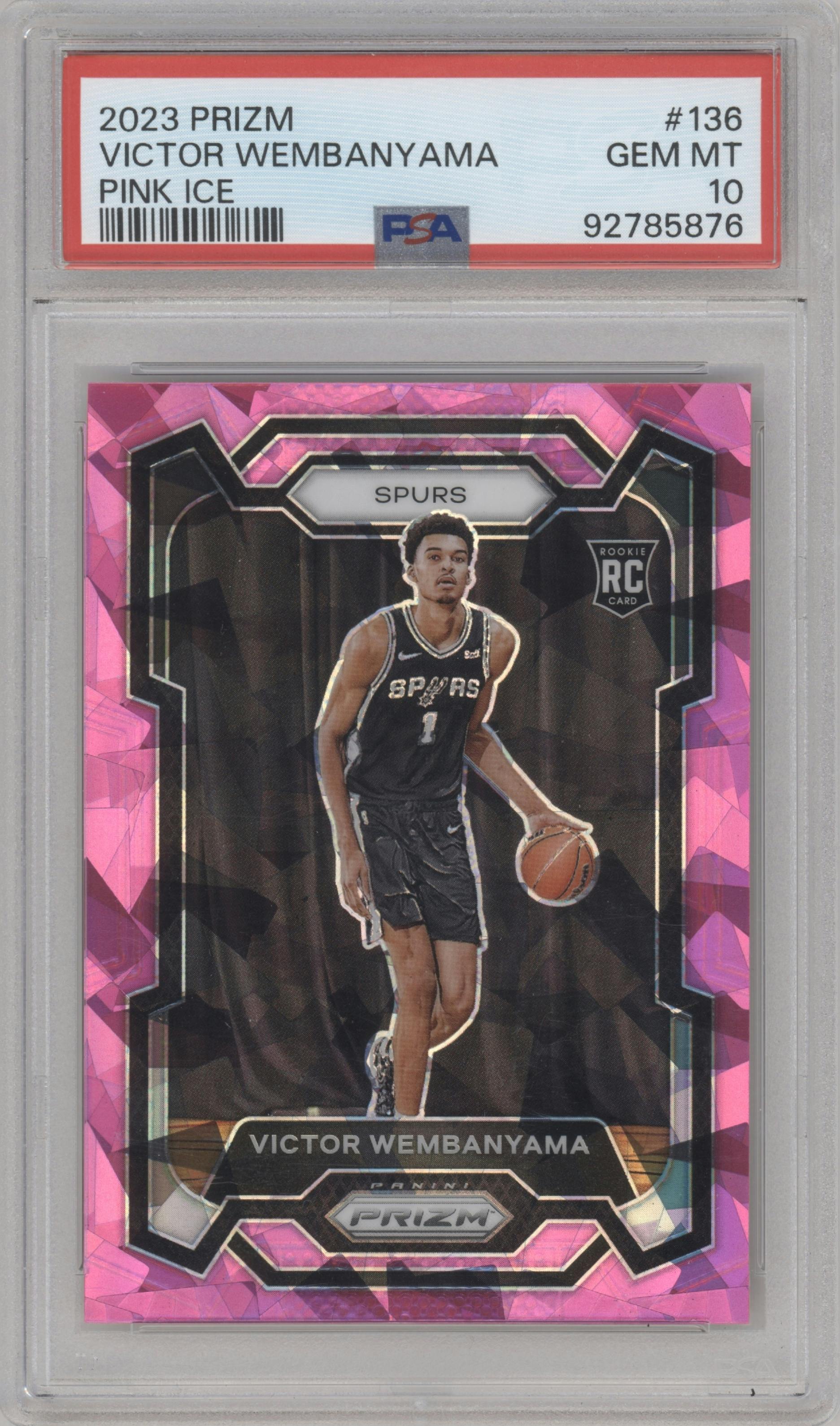 Victor Wembanyama from the 2023-24 Panini Prizm set featuring a Pink Ice parallel graded by PSA and given an overall grade of 10.