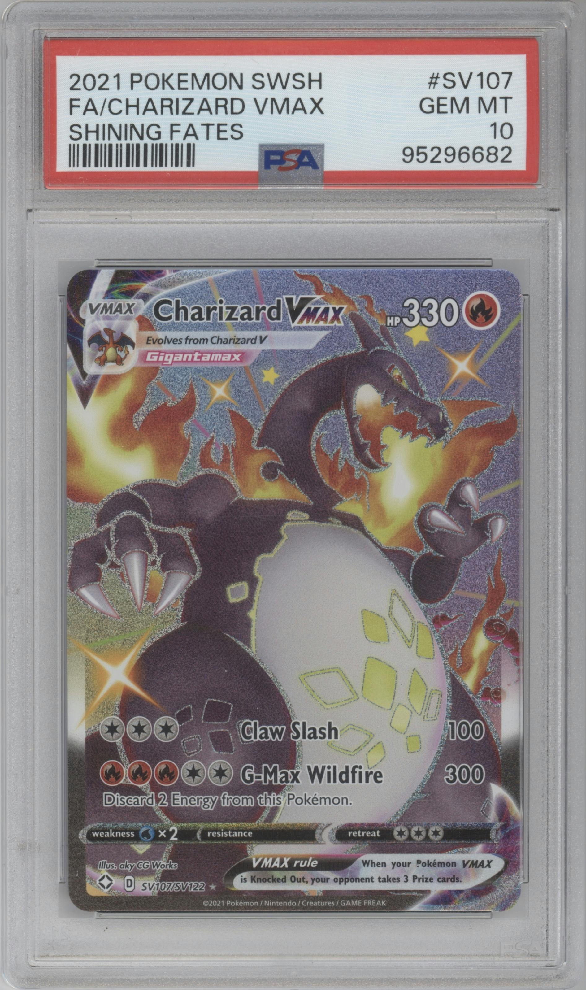 Charizard VMAX  from the 2021 Pokemon SWSH set graded by PSA and given an overall grade of 10.