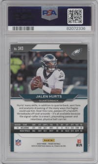 Jalen Hurts from the 2020 Panini Prizm set graded by PSA and given an overall grade of 10.