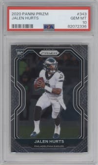Jalen Hurts from the 2020 Panini Prizm set graded by PSA and given an overall grade of 10.