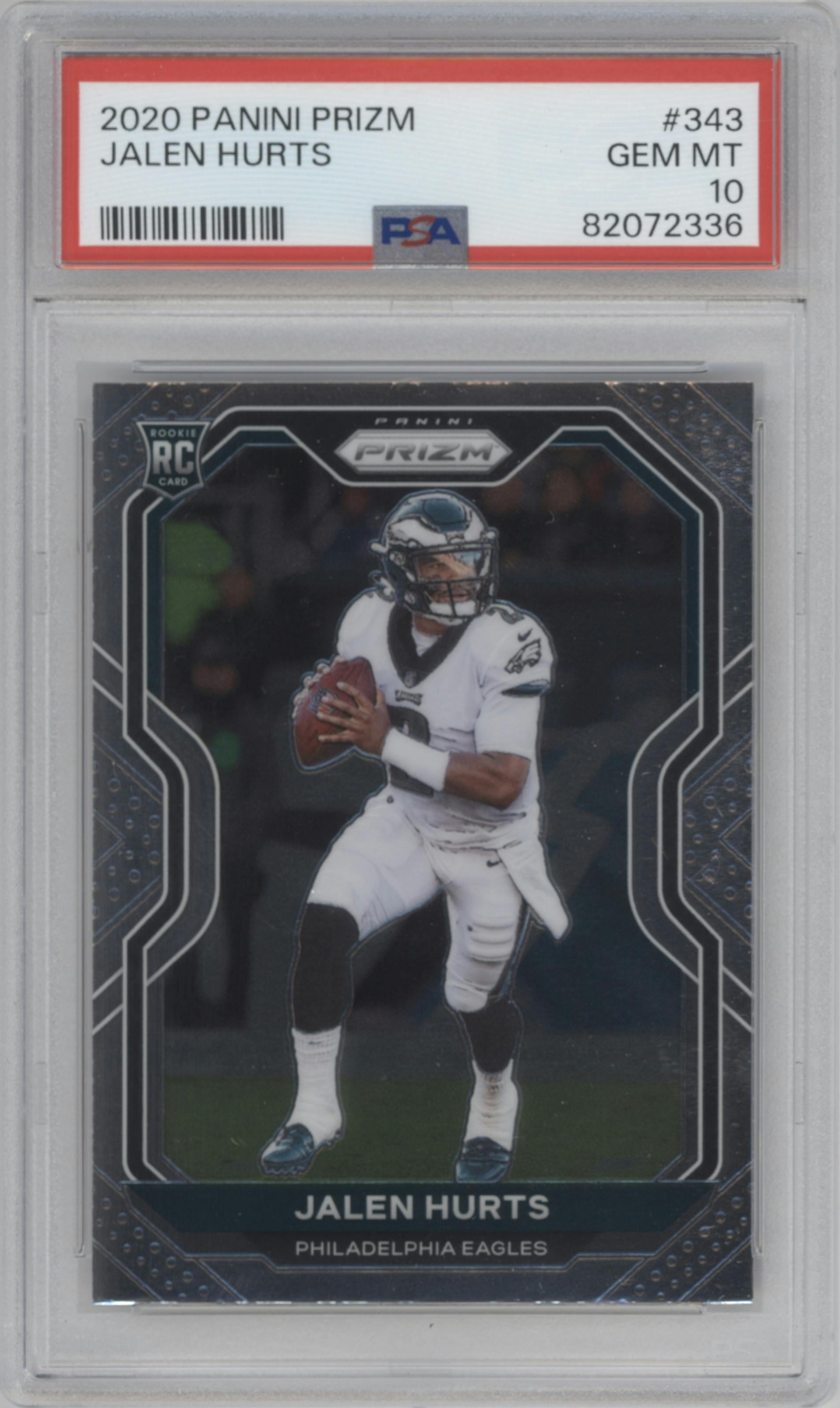 Jalen Hurts from the 2020 Panini Prizm set graded by PSA and given an overall grade of 10.