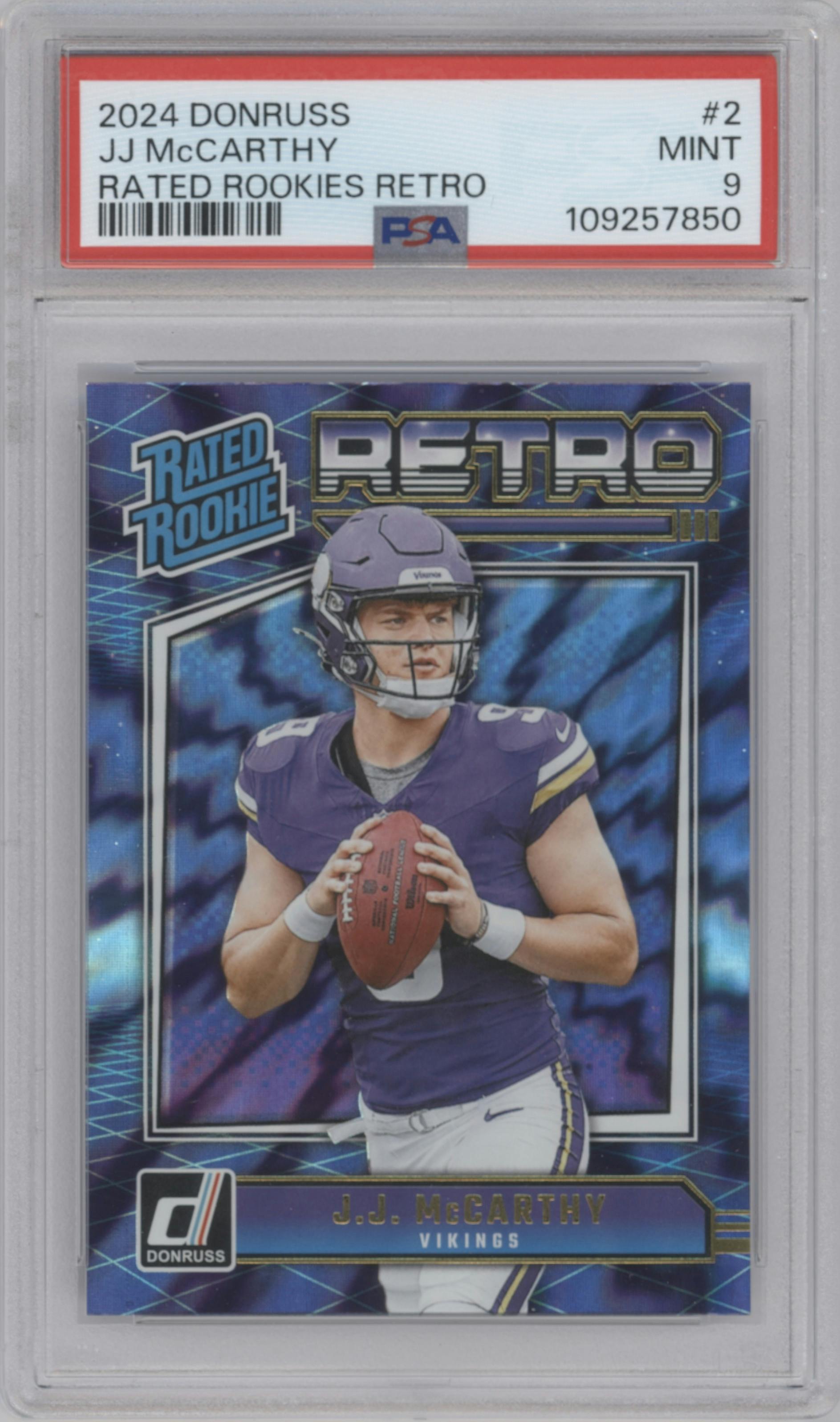 J.J. McCarthy from the 2024 Donruss set graded by PSA and given an overall grade of 9.