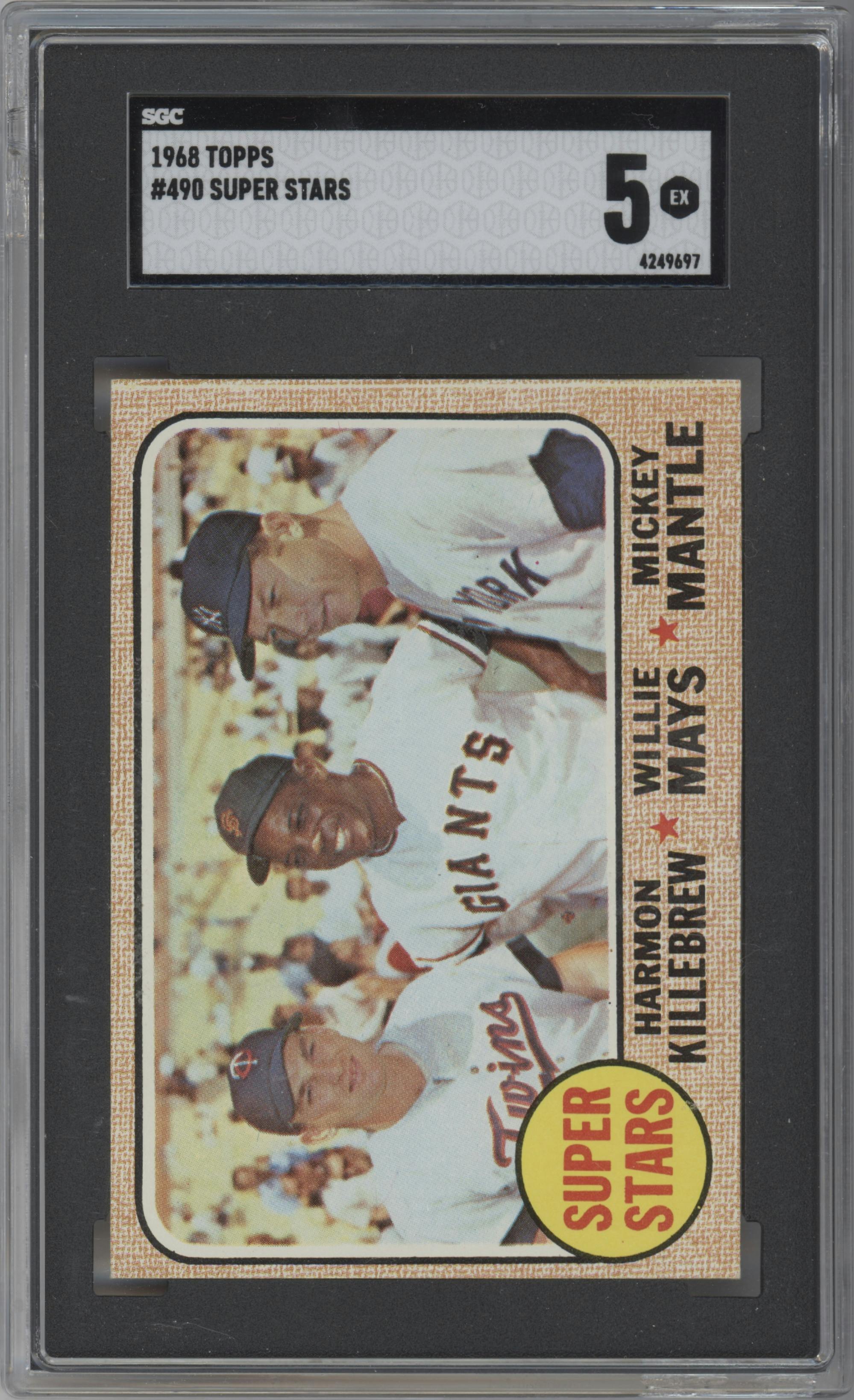 Harmon Killebrew/Willie Mays/Mickey Mantle from the 1968 Topps set graded by SGC and given an overall grade of 5.