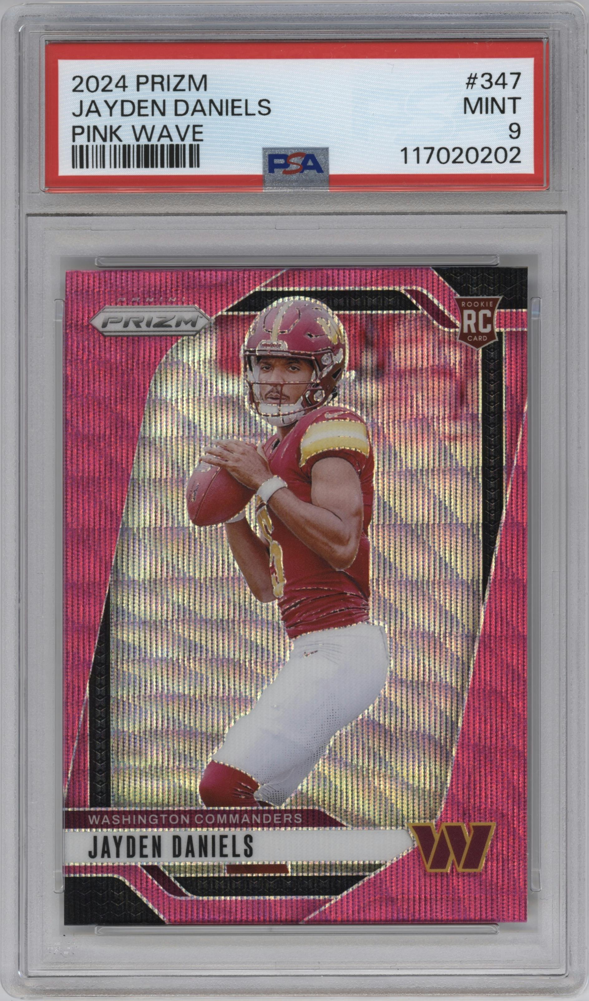 Jayden Daniels from the 2024 Panini Prizm set featuring a Pink Wave parallel graded by PSA and given an overall grade of 9.
