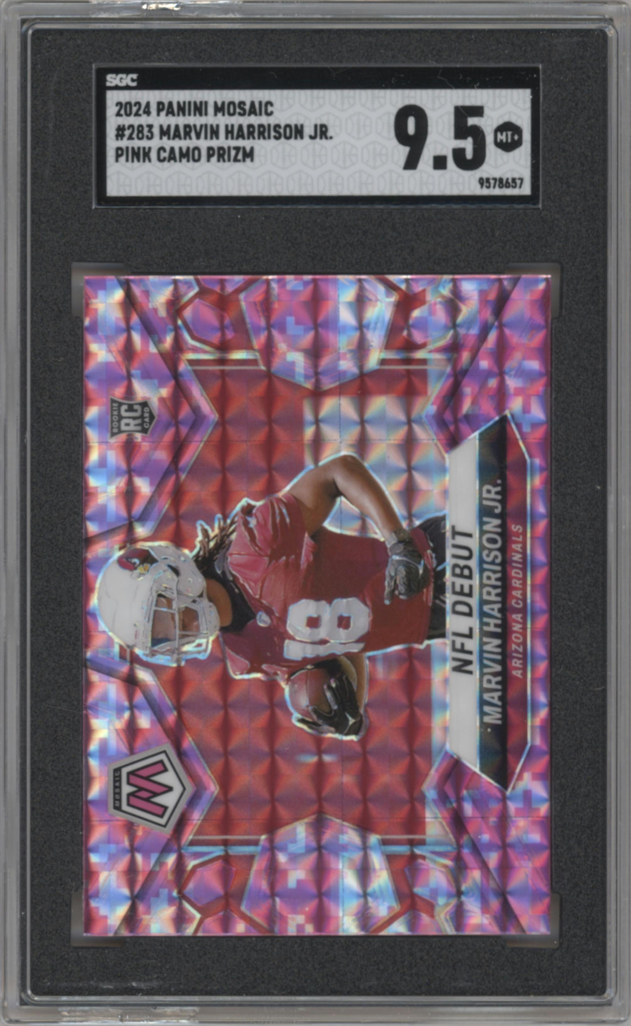 Marvin Harrison Jr. from the 2024 Panini Mosaic set featuring a Pink Camo parallel graded by SGC and given an overall grade of 9.5.