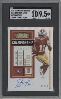 Brandon Aiyuk from the 2020 Panini Contenders set featuring a Championship Ticket parallel graded by SGC and given an overall grade of 9.5.