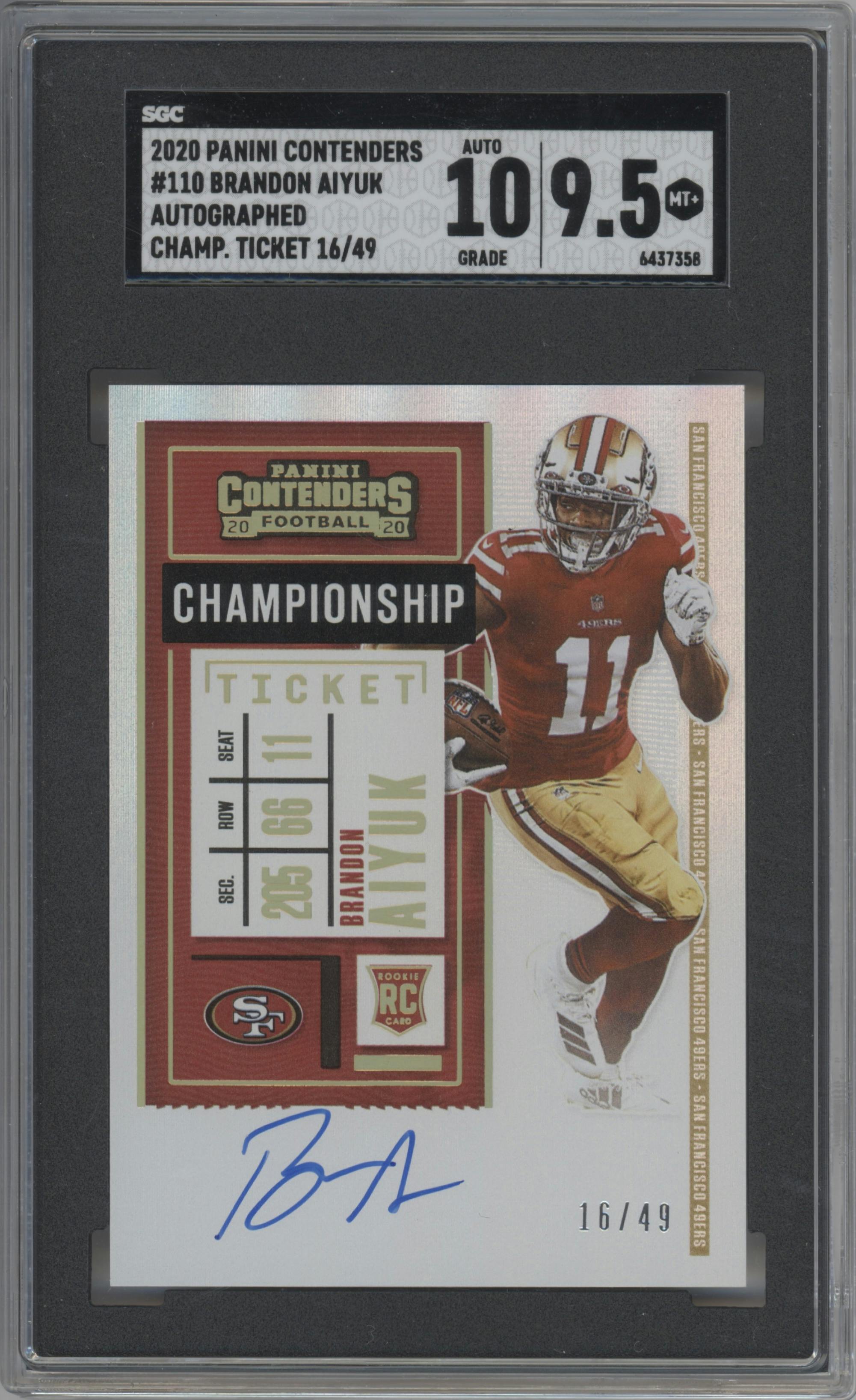 Brandon Aiyuk from the 2020 Panini Contenders set featuring a Championship Ticket parallel graded by SGC and given an overall grade of 9.5.