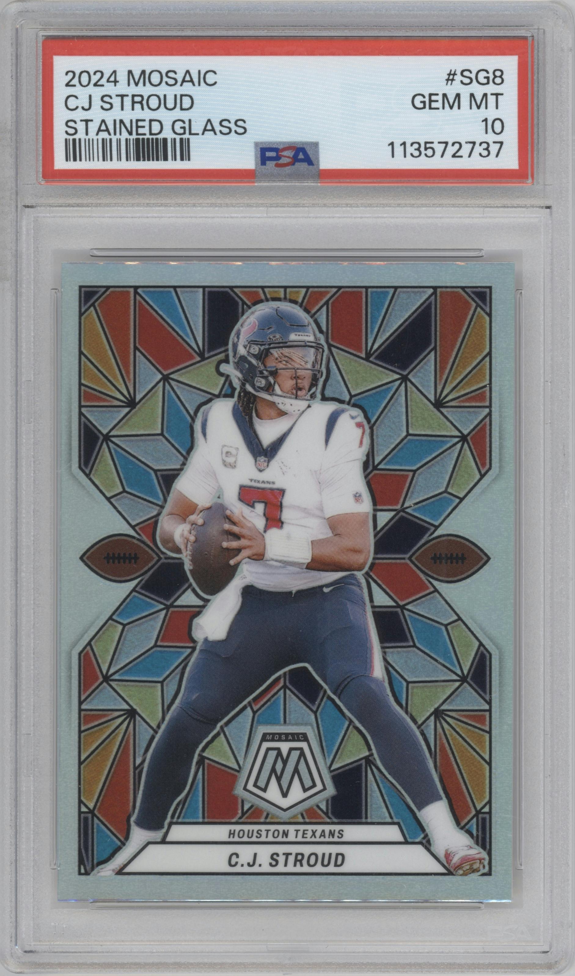 C.J. Stroud from the 2024 Panini Mosaic set graded by PSA and given an overall grade of 10.