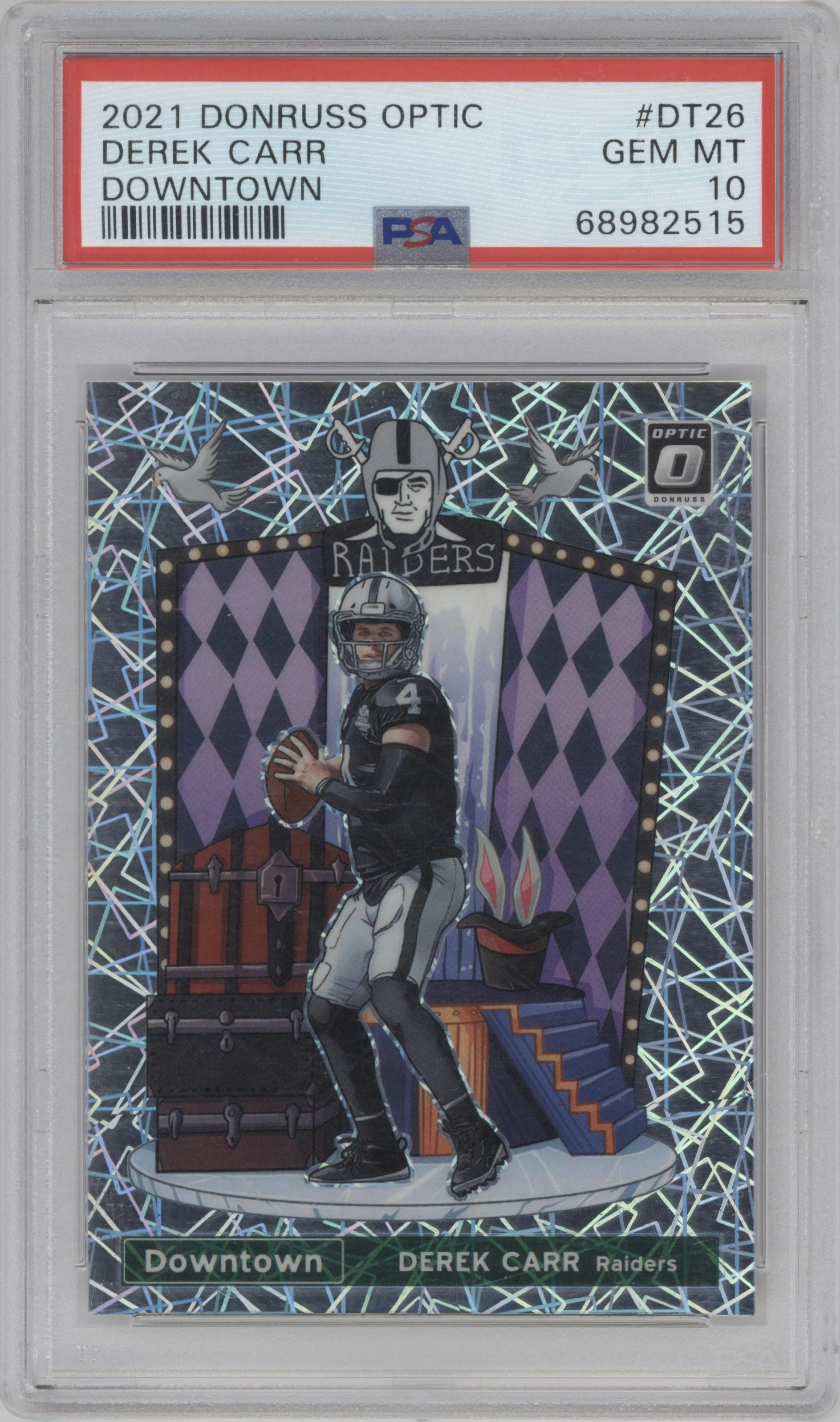Derek Carr from the 2021 Panini Donruss Optic set graded by PSA and given an overall grade of 10.