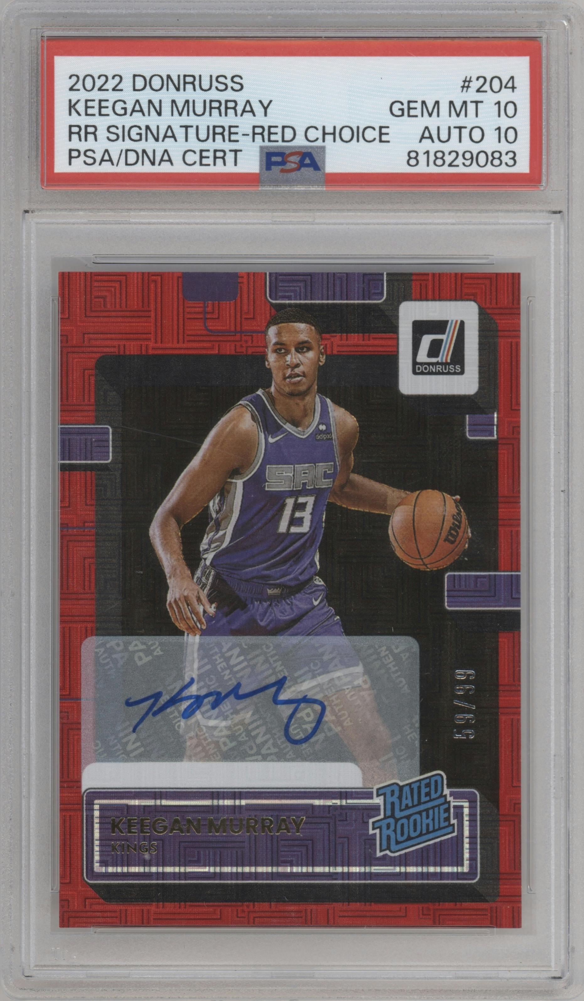 Keegan Murray from the 2022-23 Panini Donruss set featuring a Choice Red parallel graded by PSA and given an overall grade of 10.
