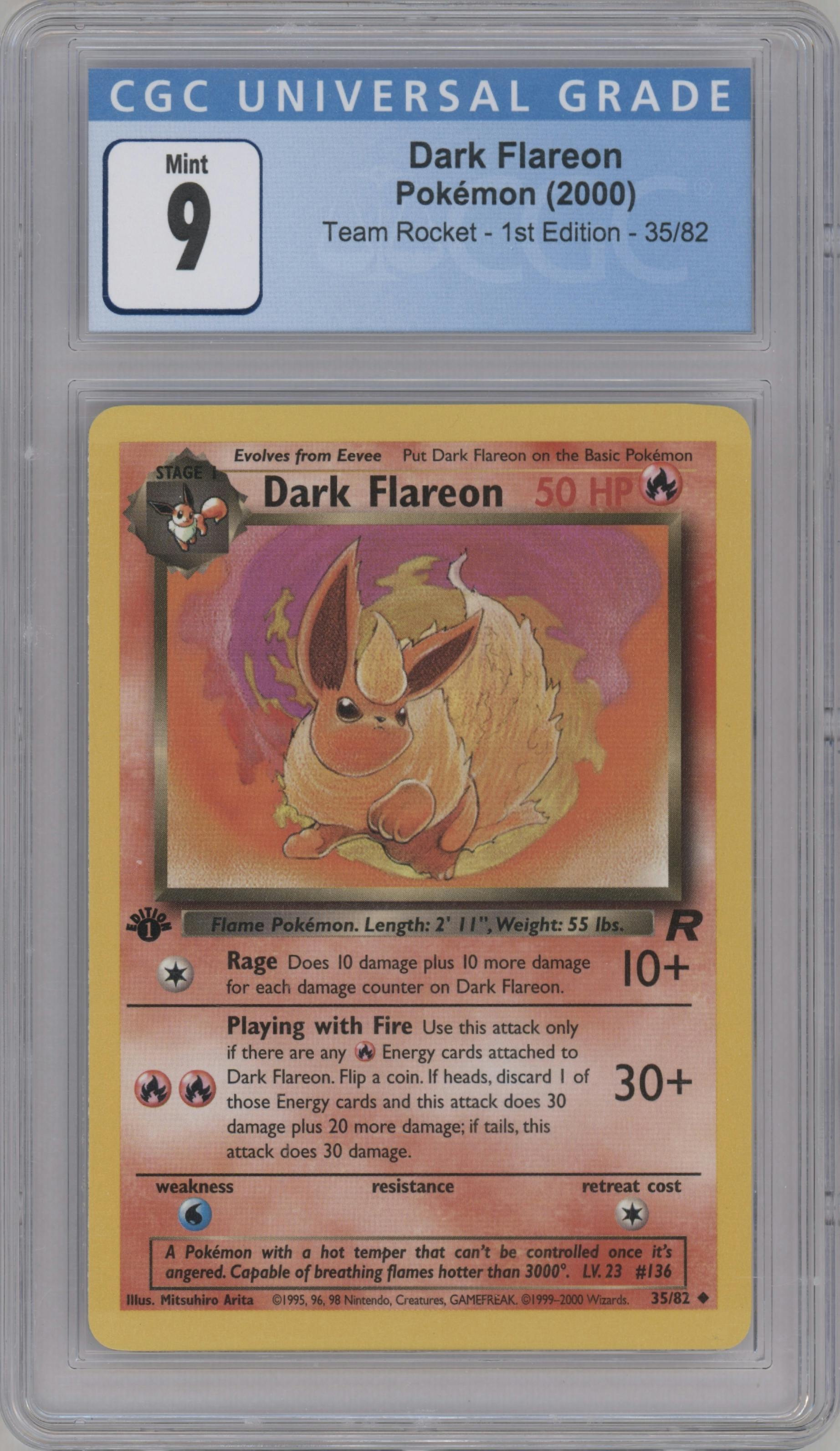 Dark Flareon from the 2000 Pokemon set graded by CSG and given an overall grade of 9.
