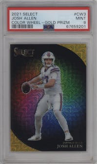 Josh Allen from the 2021 Panini Select set featuring a Gold Prizm parallel graded by PSA and given an overall grade of 9.