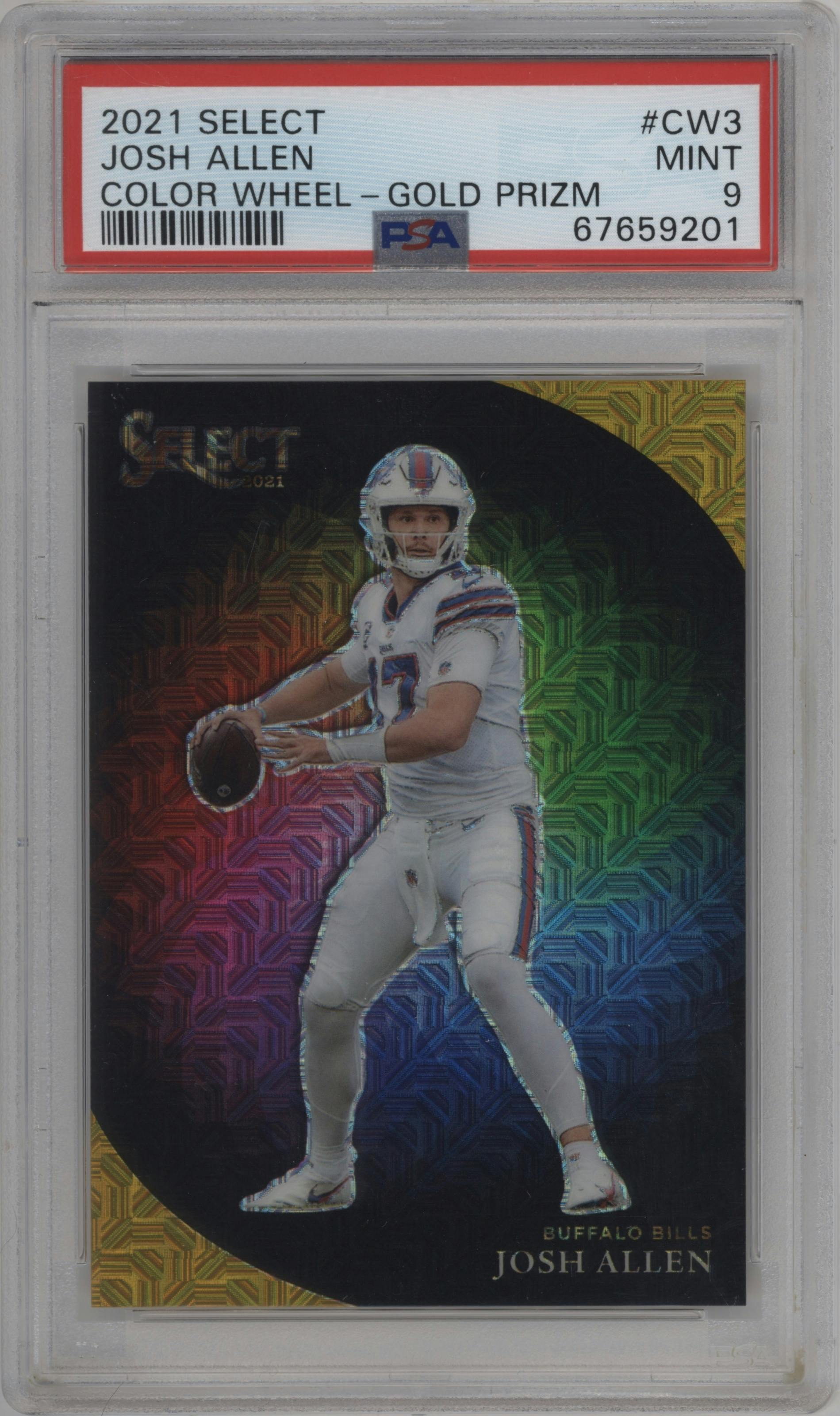 Josh Allen from the 2021 Panini Select set featuring a Gold Prizm parallel graded by PSA and given an overall grade of 9.
