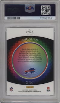 Josh Allen from the 2021 Panini Select set featuring a Gold Prizm parallel graded by PSA and given an overall grade of 9.