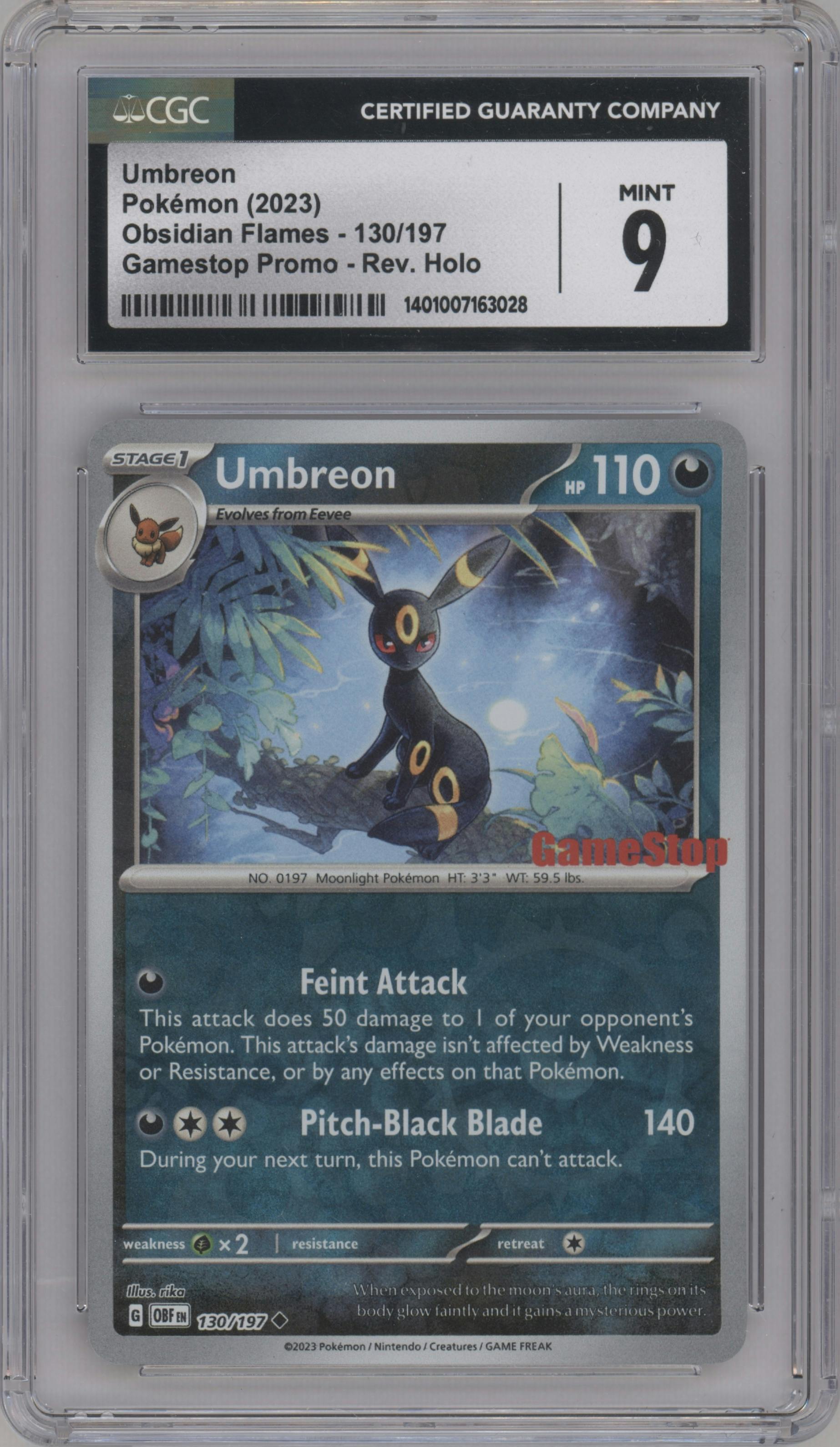 Umbreon from the 2023 Pokemon SV set featuring a Gamestop exclusive parallel graded by CSG and given an overall grade of 9.