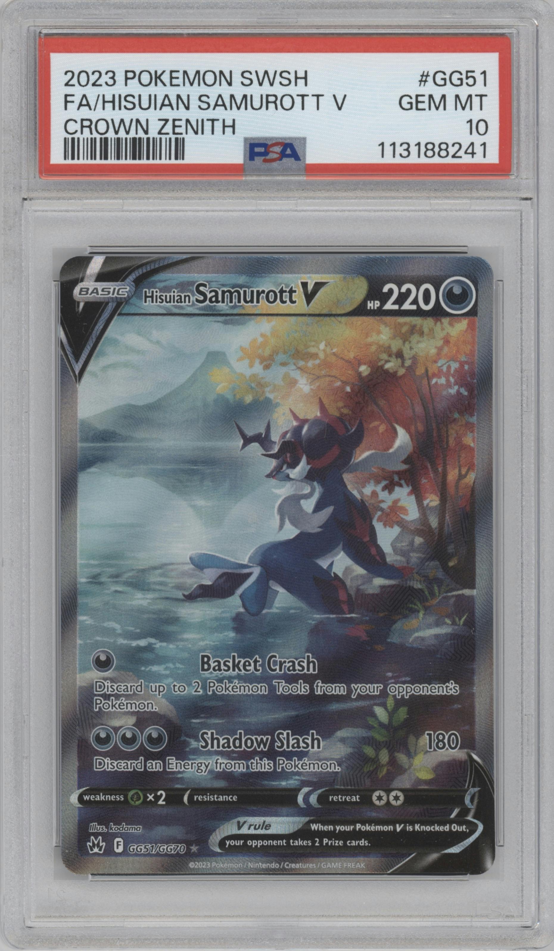 Hisuian Samurott V from the 2023 Pokemon SWSH set graded by PSA and given an overall grade of 10.