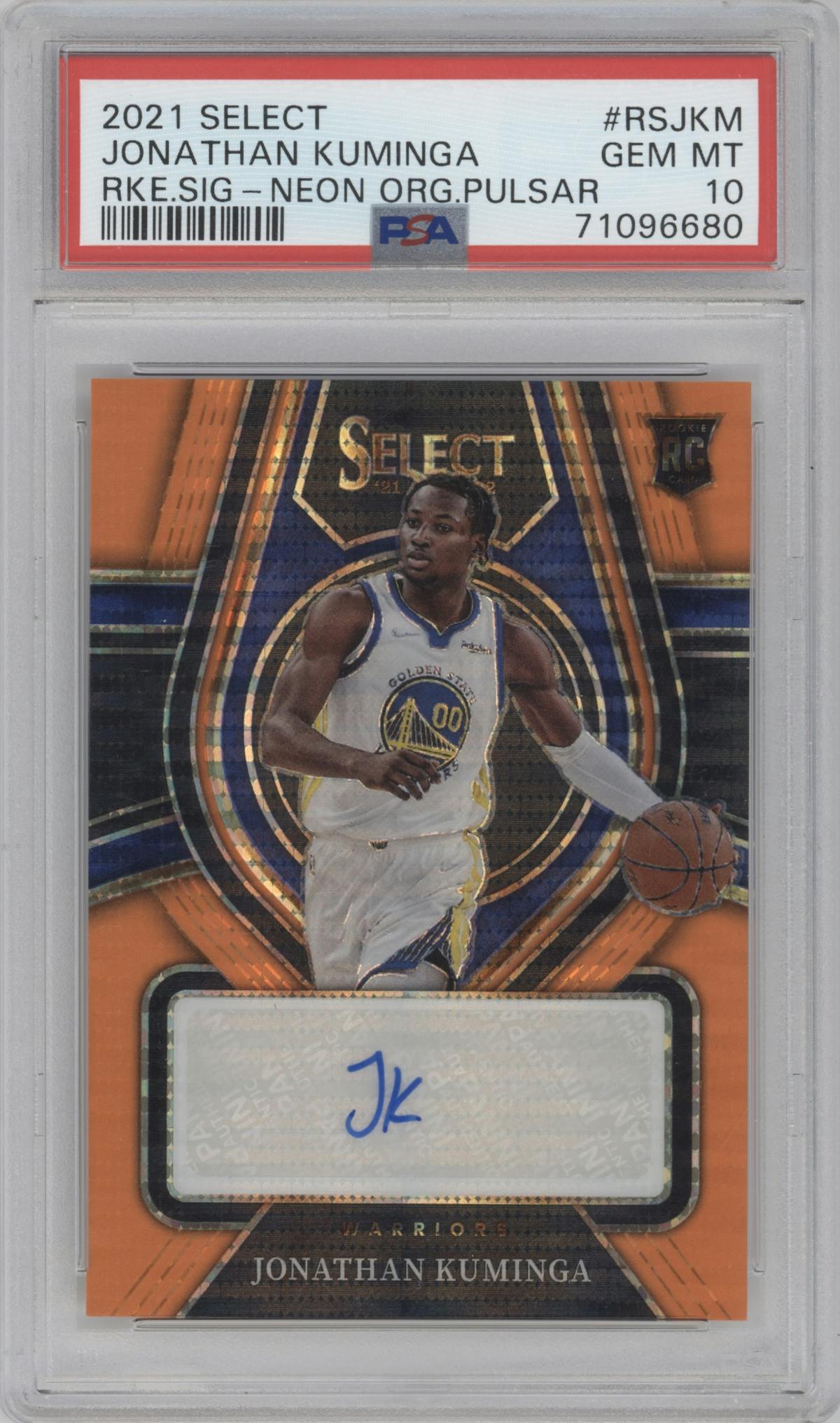 Jonathan Kuminga  from the 2021-22 Panini Select set featuring a Neon Orange Pulsar parallel graded by PSA and given an overall grade of 10.