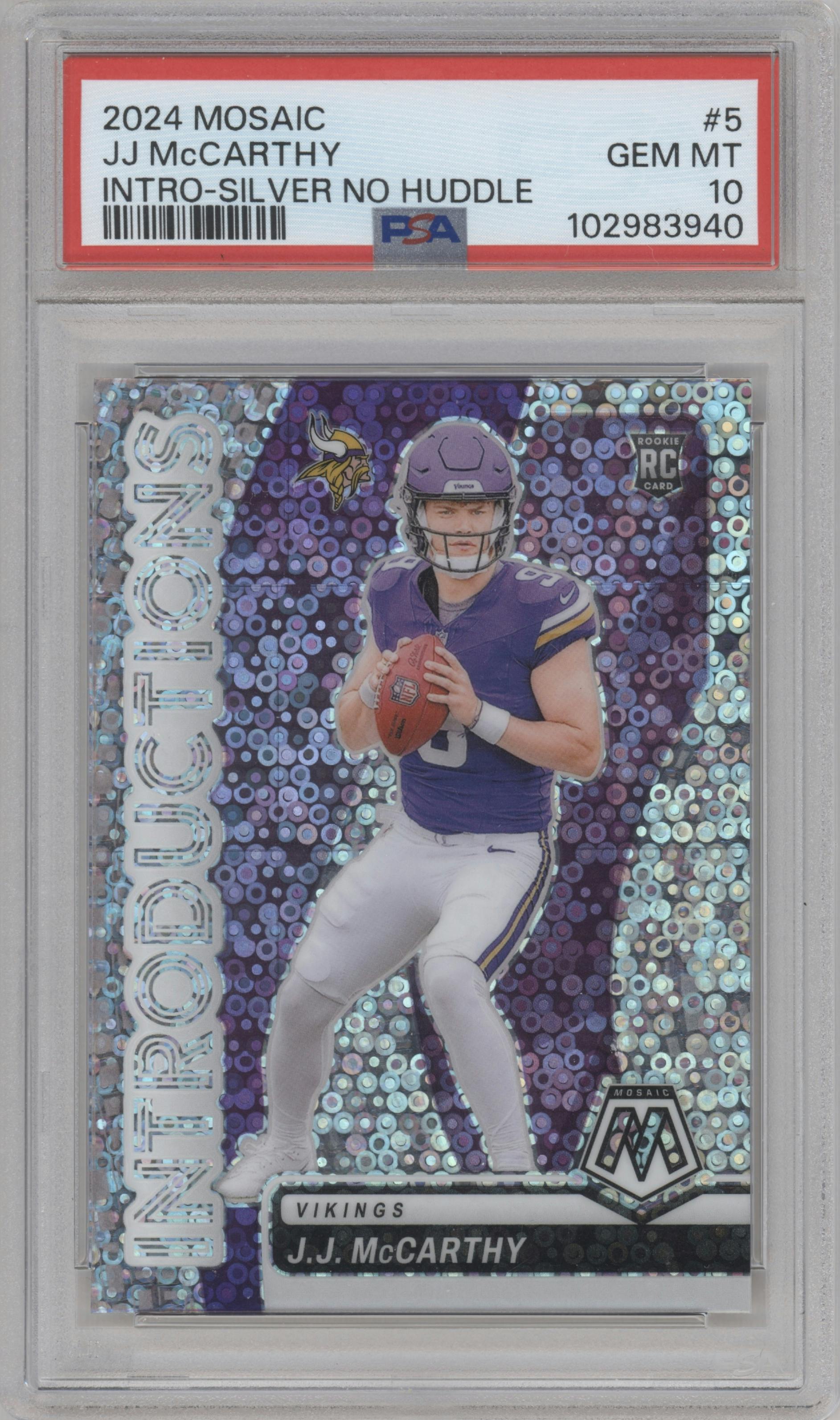 J.J. McCarthy from the 2024 Panini Mosaic set featuring a No Huddle Silver parallel graded by PSA and given an overall grade of 10.