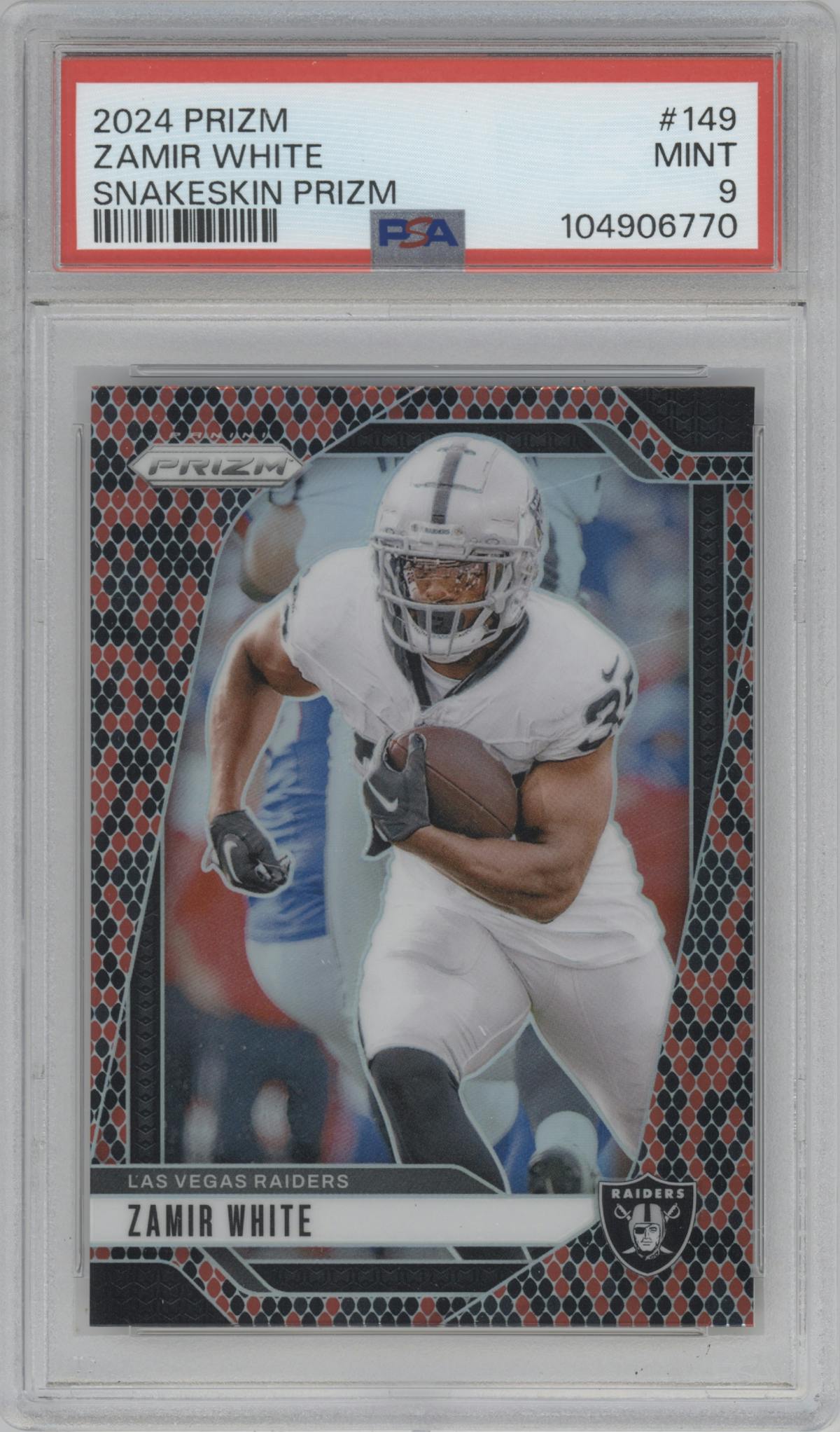 Zamir White from the 2024 Panini Prizm set featuring a Snakeskin parallel graded by PSA and given an overall grade of 9.