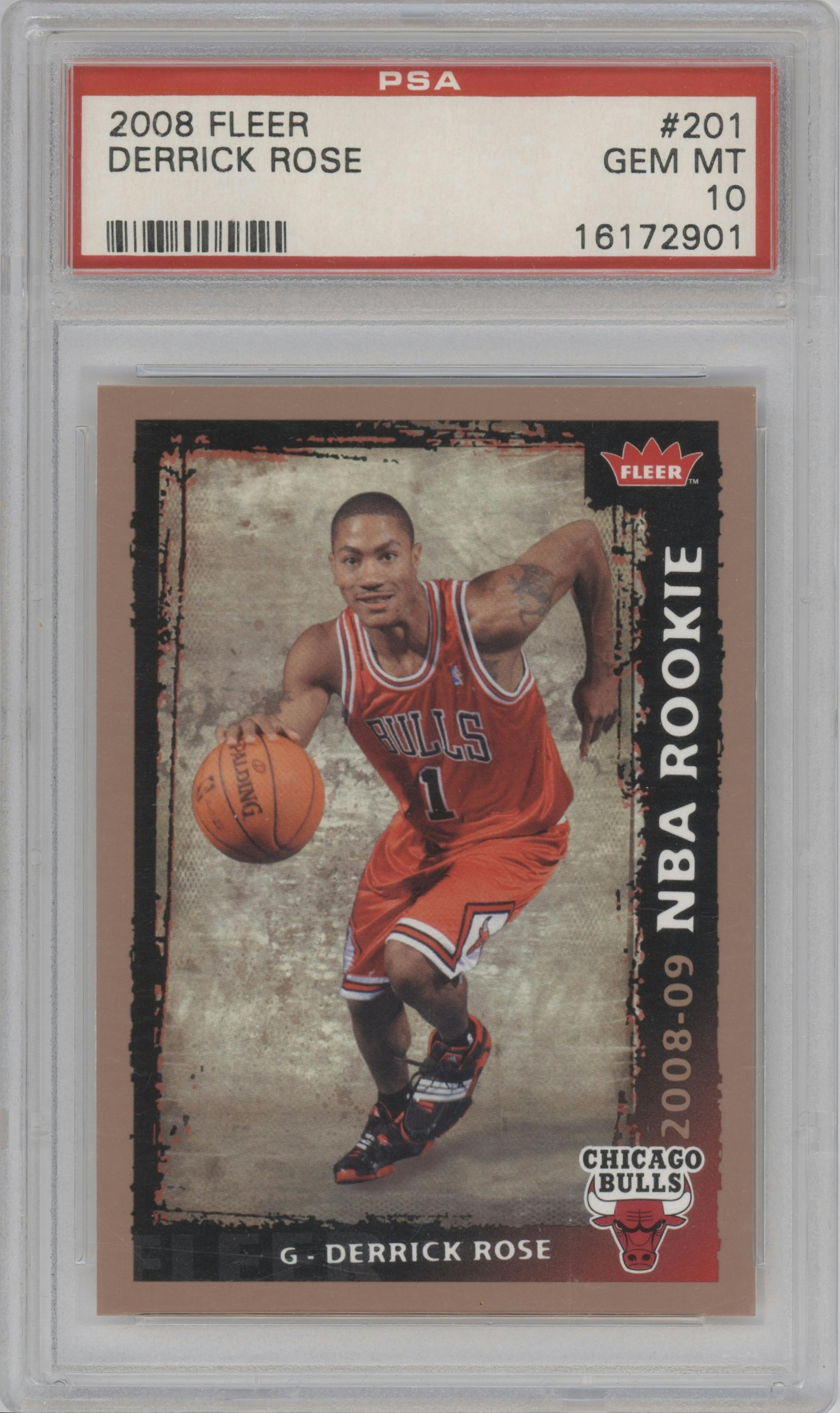 Derrick Rose from the 2008-09 Fleer set graded by PSA and given an overall grade of 10.