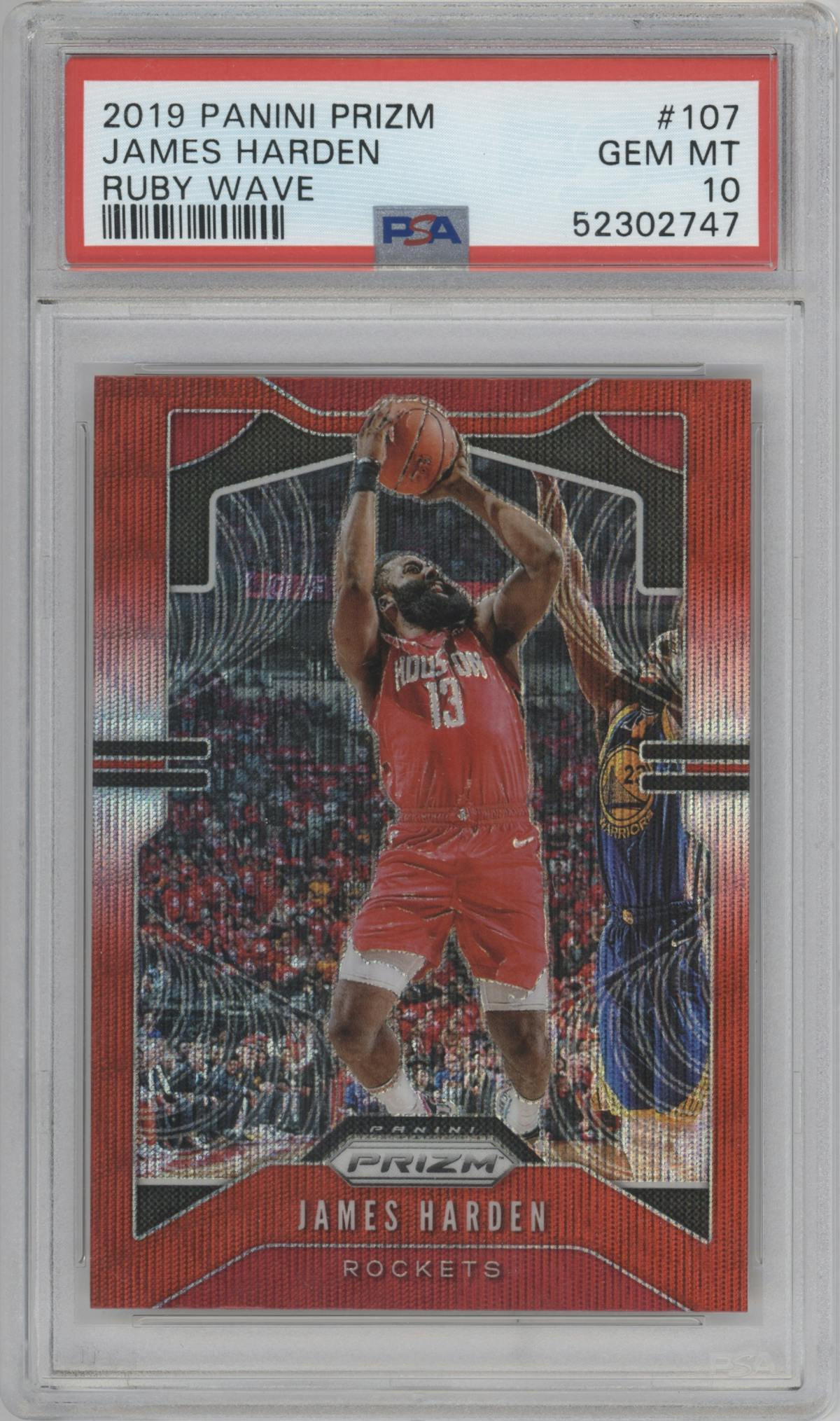 James Harden from the 2019-20 Panini Prizm set featuring a Ruby Wave parallel graded by PSA and given an overall grade of 10.