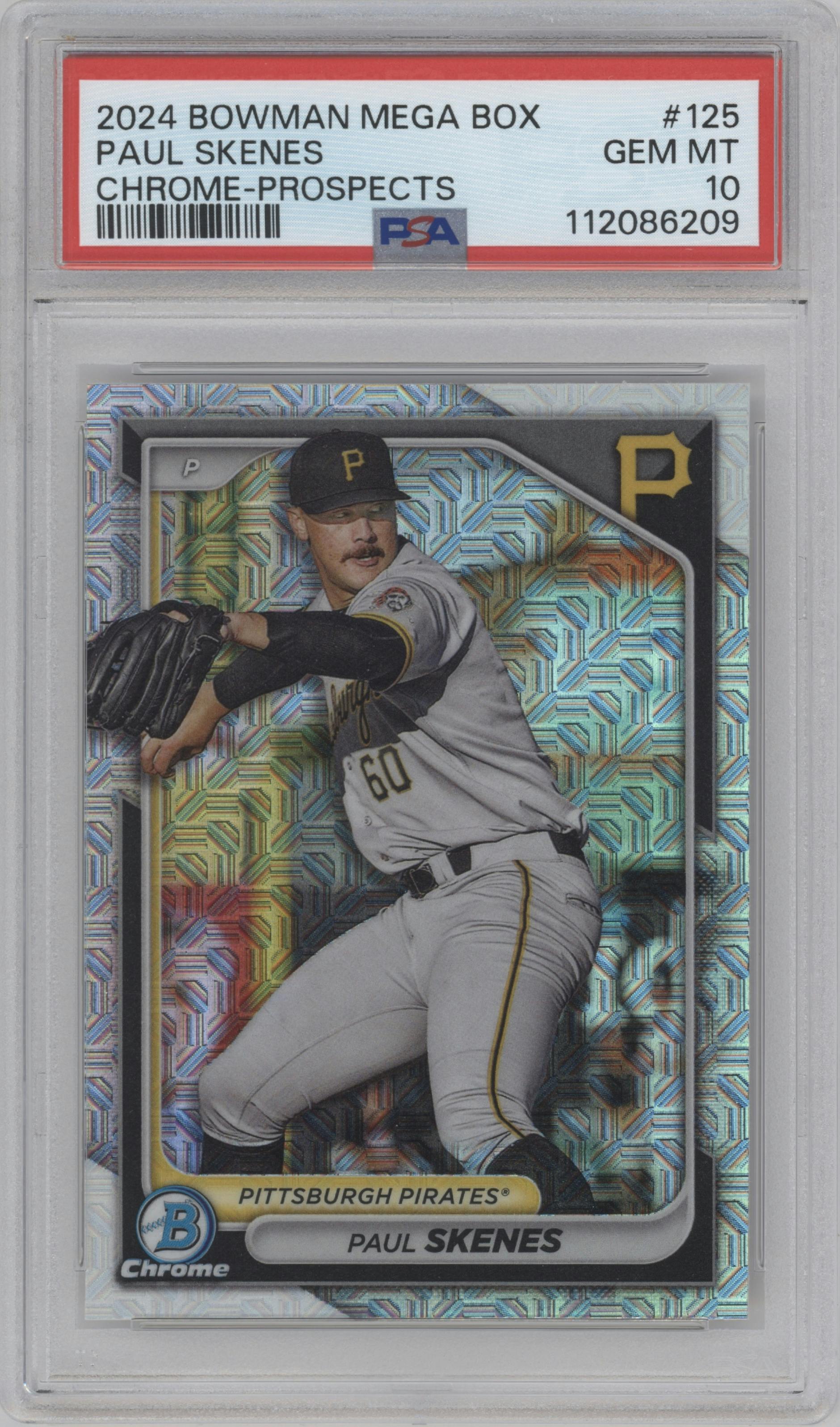 Paul Skenes from the 2024 Bowman Mega Box set featuring a Mojo Refractor parallel graded by PSA and given an overall grade of 10.