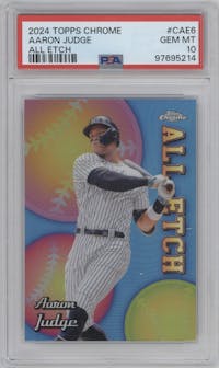 Aaron Judge from the 2024 Topps Chrome set graded by PSA and given an overall grade of 10.