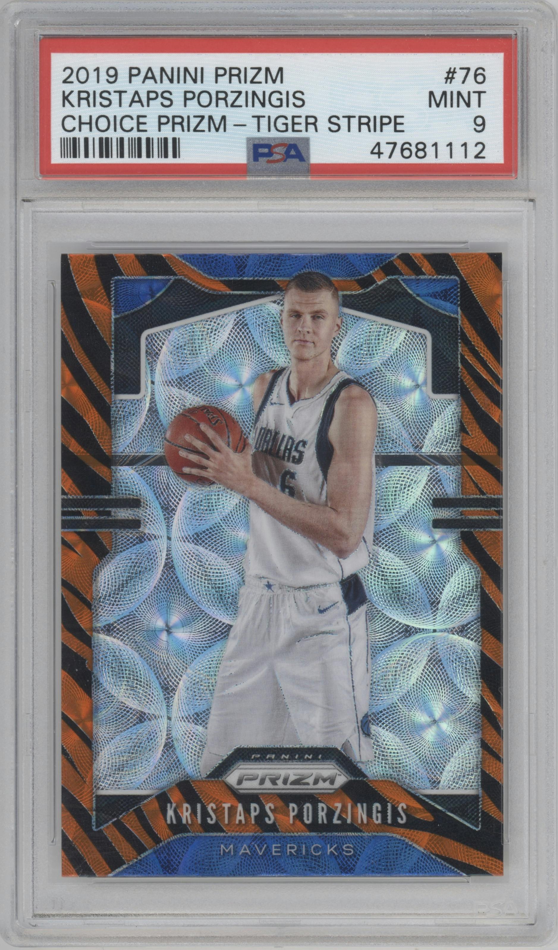 Kristaps Porzingis from the 2019-20 Panini Prizm set featuring a Choice Tiger Stripe parallel graded by PSA and given an overall grade of 9.