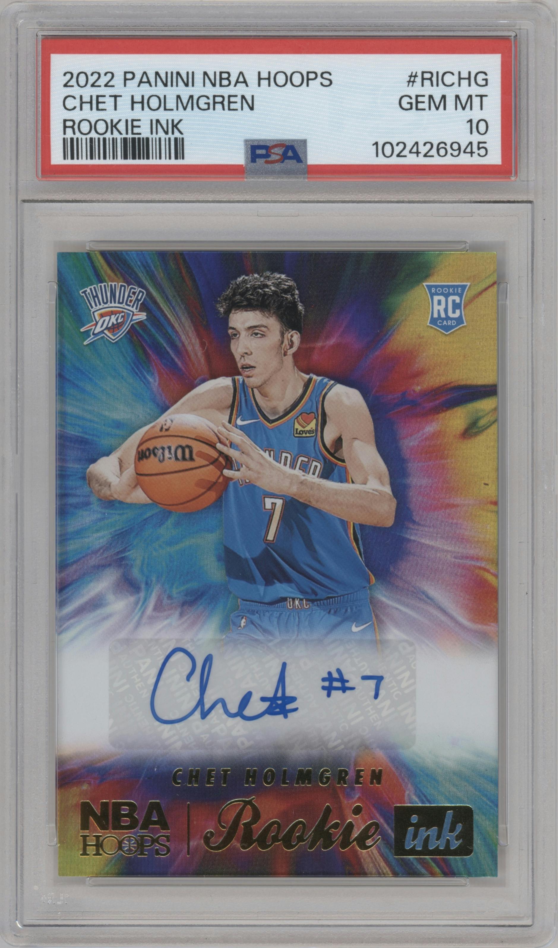 Chet Holmgren from the 2022-23 Panini NBA Hoops set graded by PSA and given an overall grade of 10.