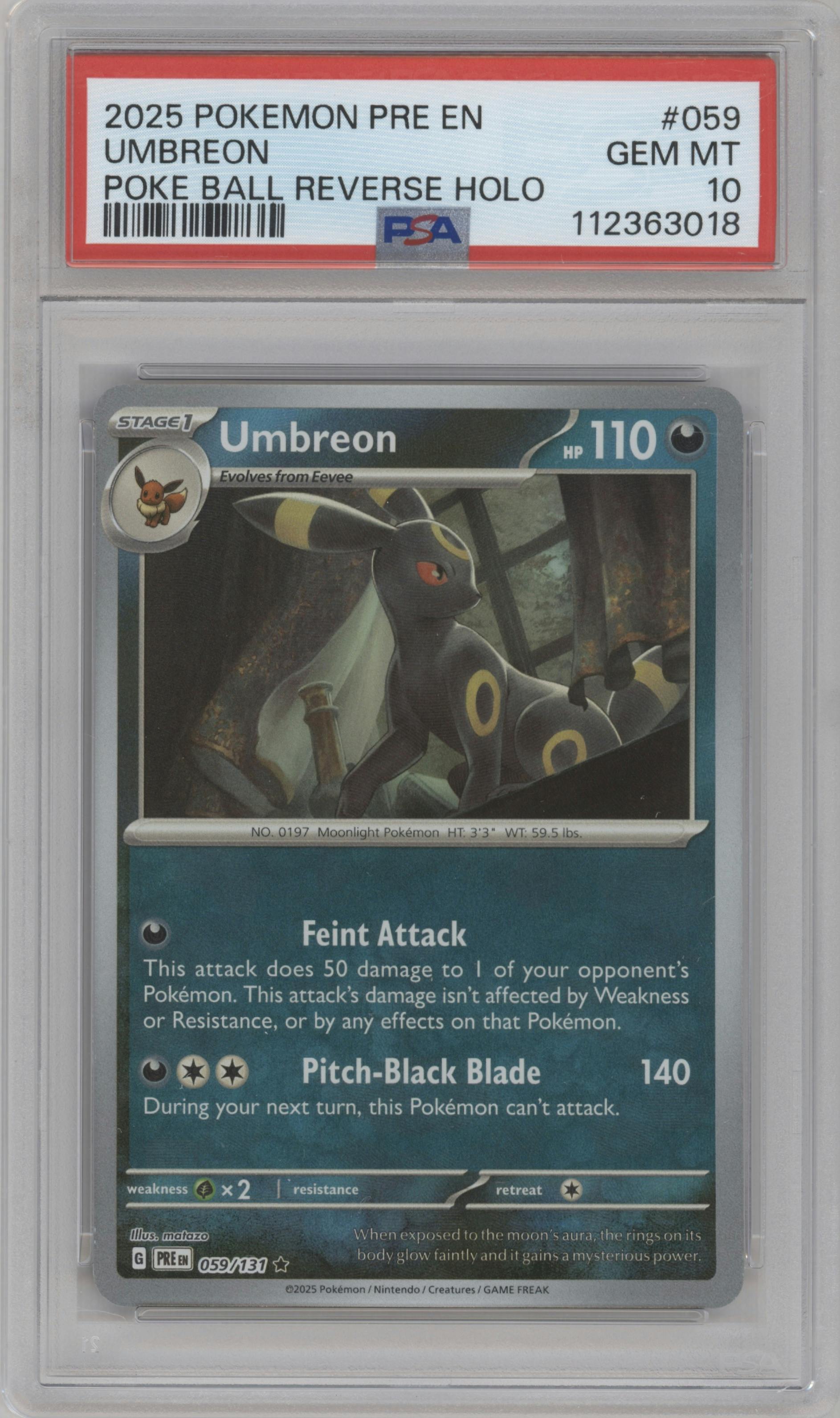 Umbreon from the 2025 Pokemon SV set featuring a Poke Ball parallel graded by PSA and given an overall grade of 10.