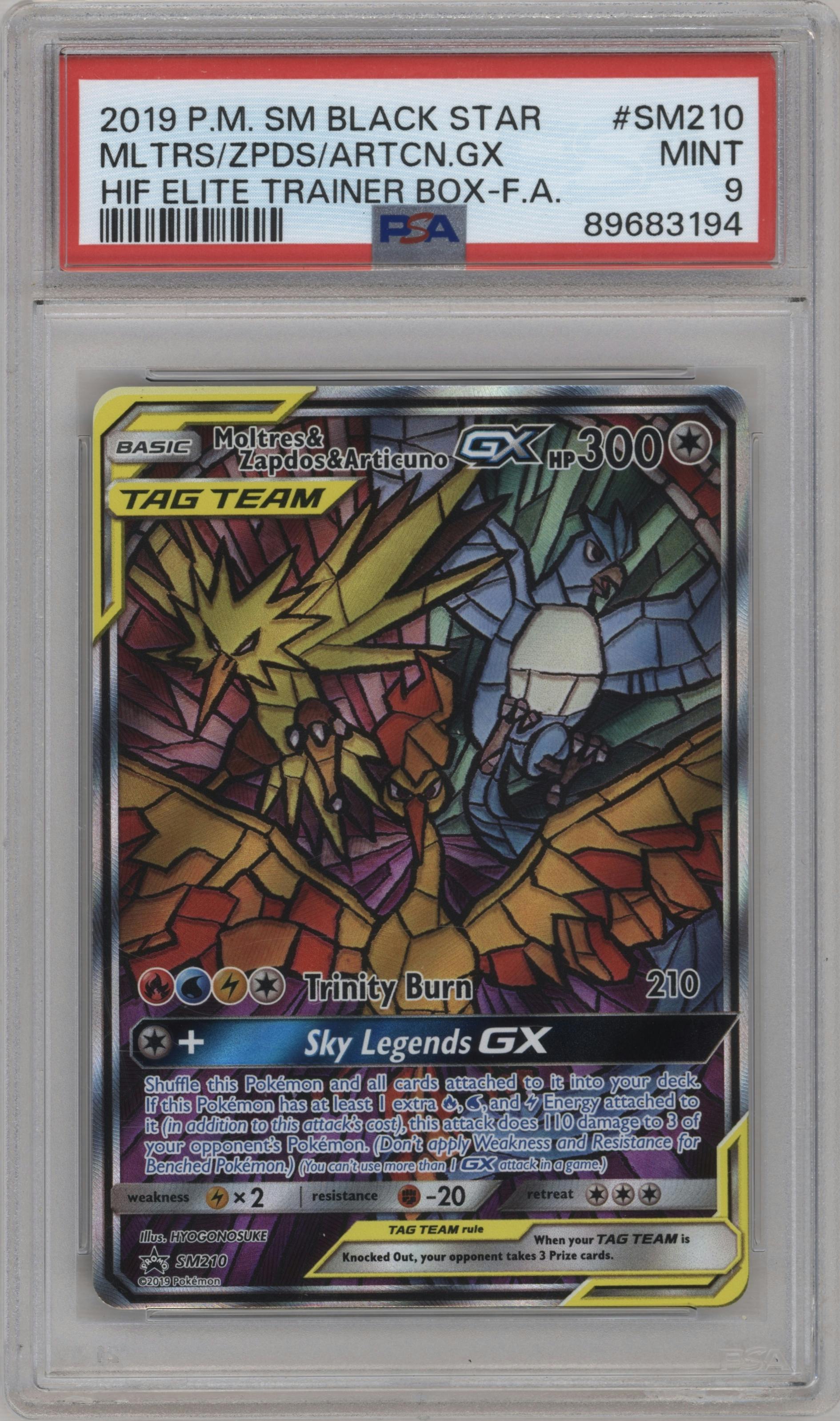 Moltres/Zapdos/Articuno GX from the 2019 Pokemon S&M  set featuring a Hidden Fates Elite Trainer Box parallel graded by PSA and given an overall grade of 9.