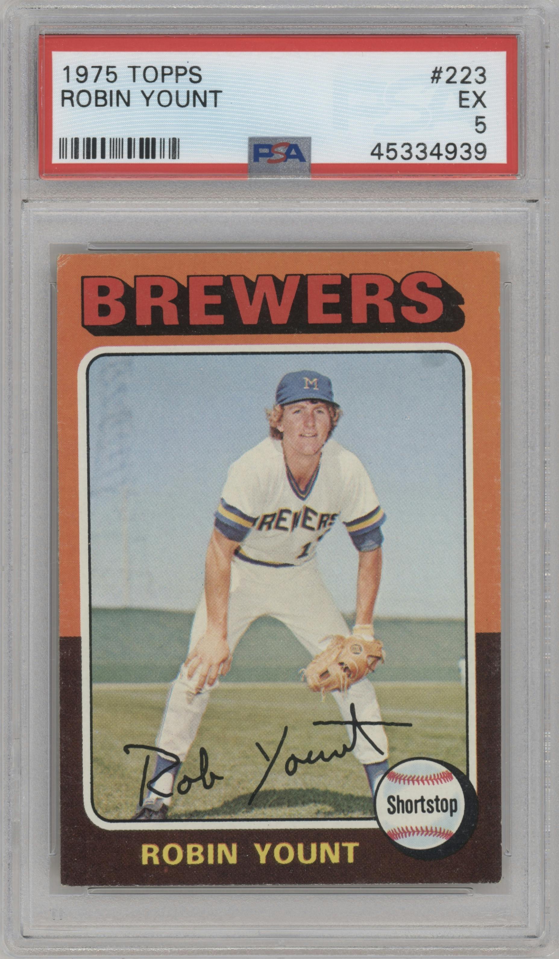 Robin Yount from the 1975 Topps set graded by PSA and given an overall grade of 5.