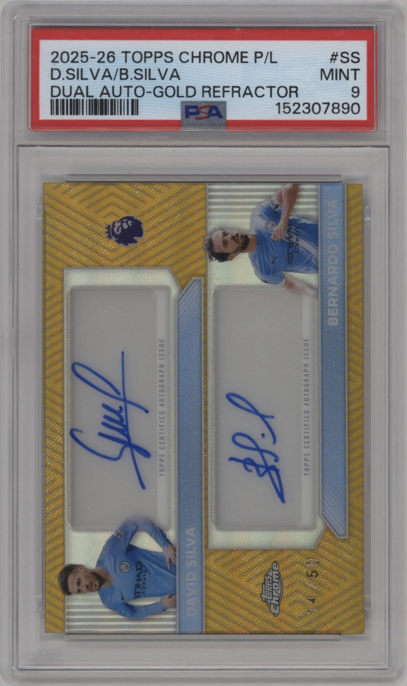 2025 Topps Chrome Premier League Chrome Dual Auto David Silva/Bernardo Silva Gold Refractor #CDA-SS PSA 9