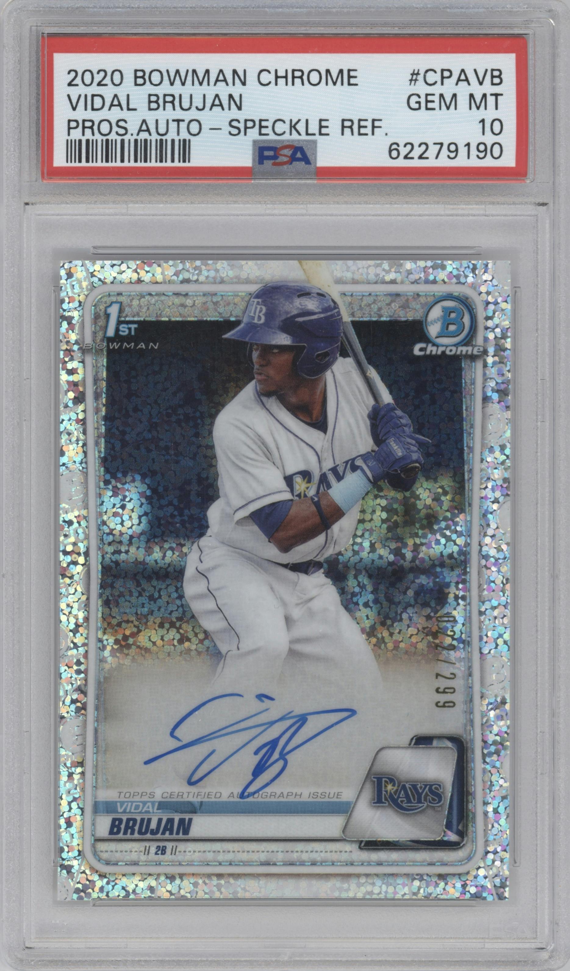 Vidal Brujan from the 2020 Bowman Chrome set featuring a Speckle Refractor parallel graded by PSA and given an overall grade of 10.