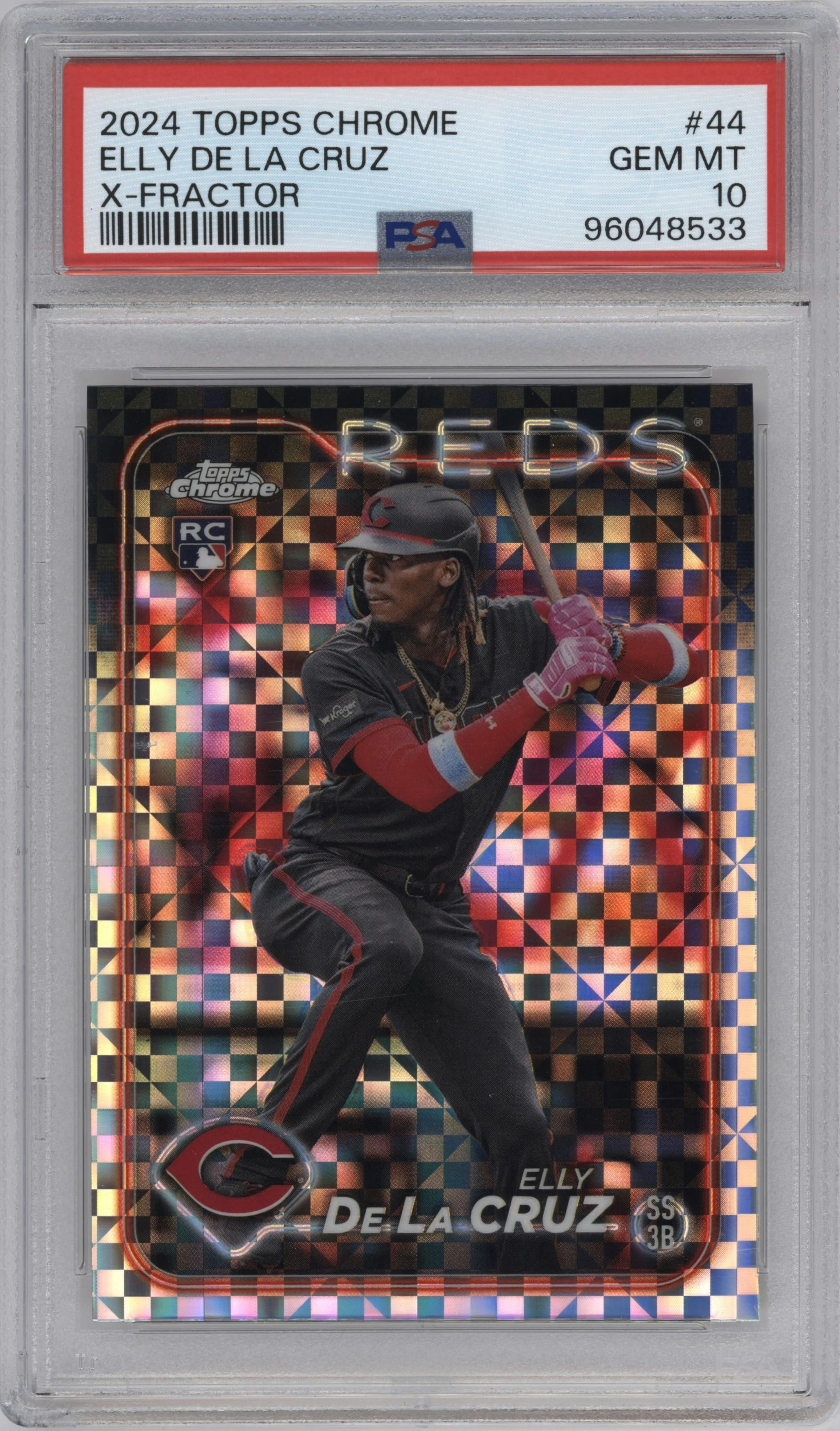 Elly De La Cruz from the 2024 Topps Chrome set featuring a X-Fractor parallel graded by PSA and given an overall grade of 10.