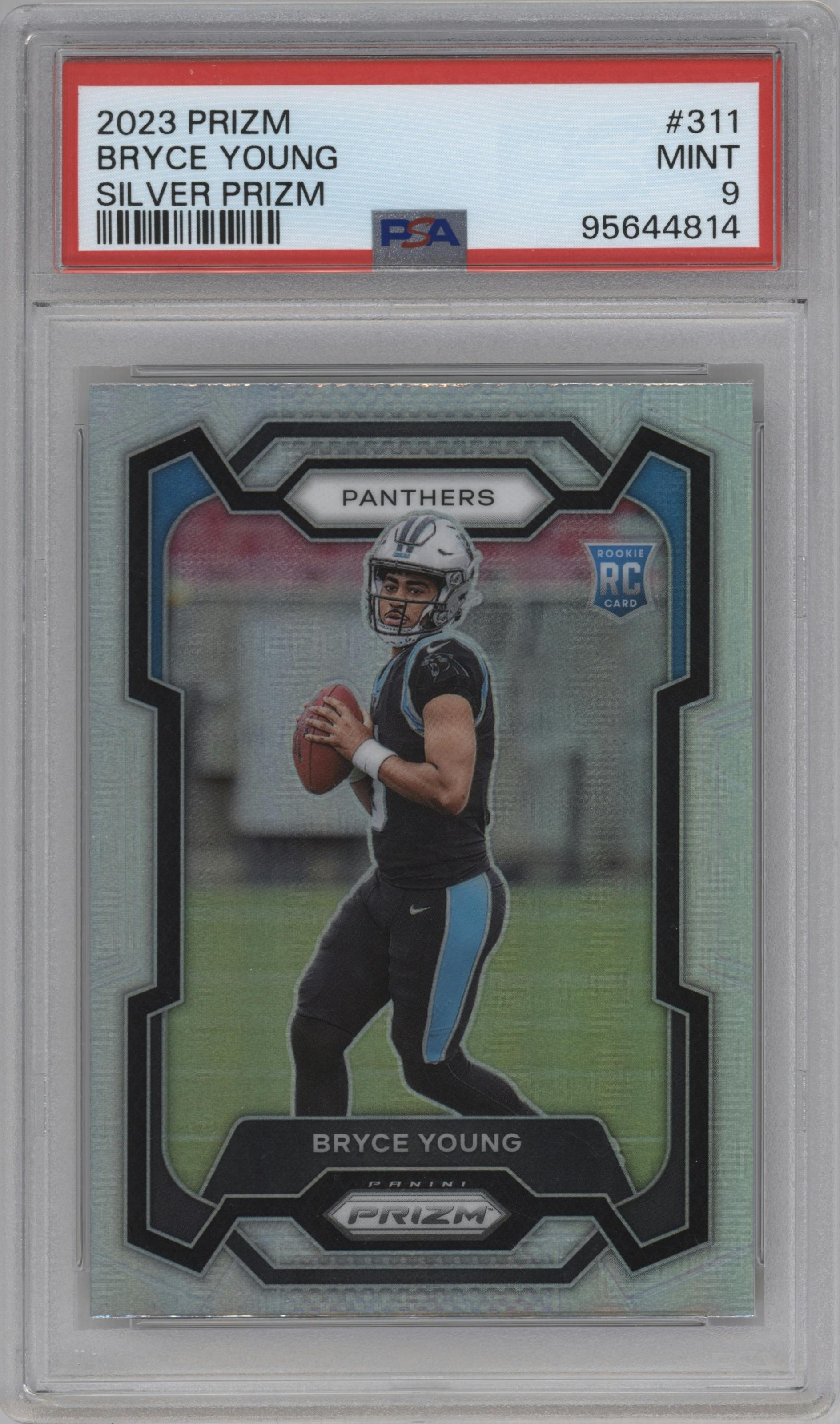 Bryce Young from the 2023 Panini Prizm set featuring a Silver Prizm parallel graded by PSA and given an overall grade of 9.