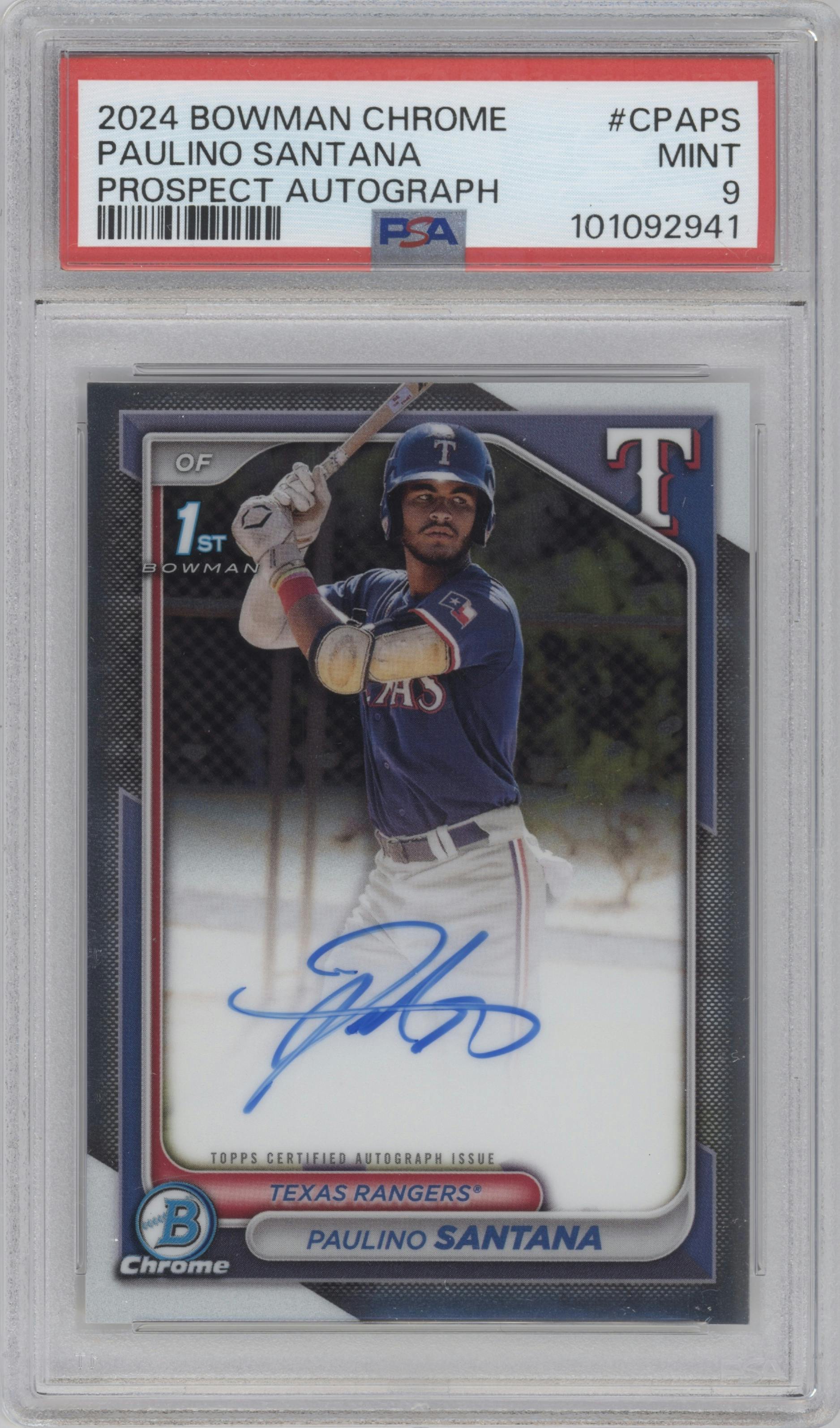 Paulino Santana from the 2024 Bowman Chrome set graded by PSA and given an overall grade of 9.
