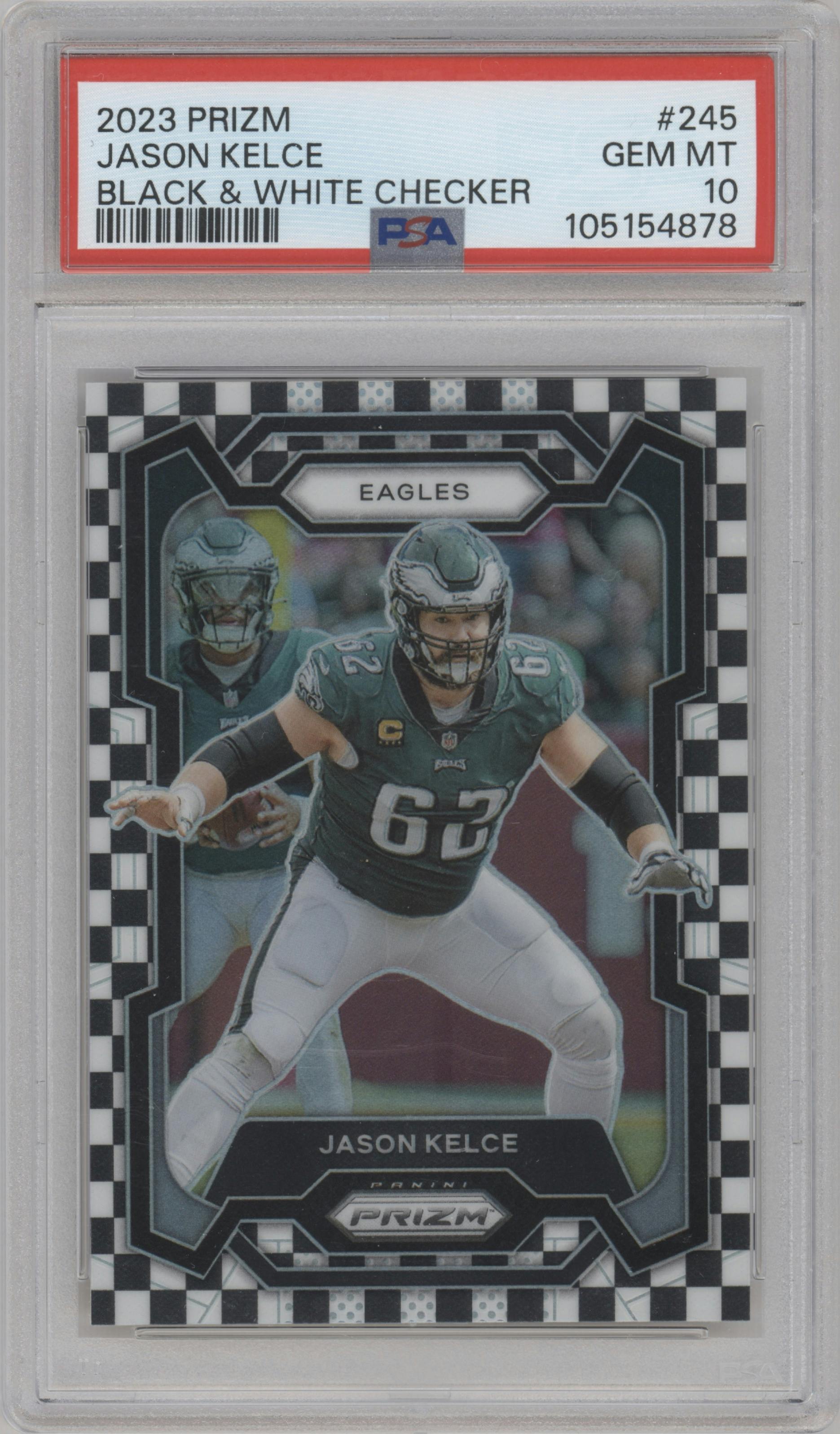 Jason Kelce from the 2023 Panini Prizm set featuring a Black/White Checker parallel graded by PSA and given an overall grade of 10.