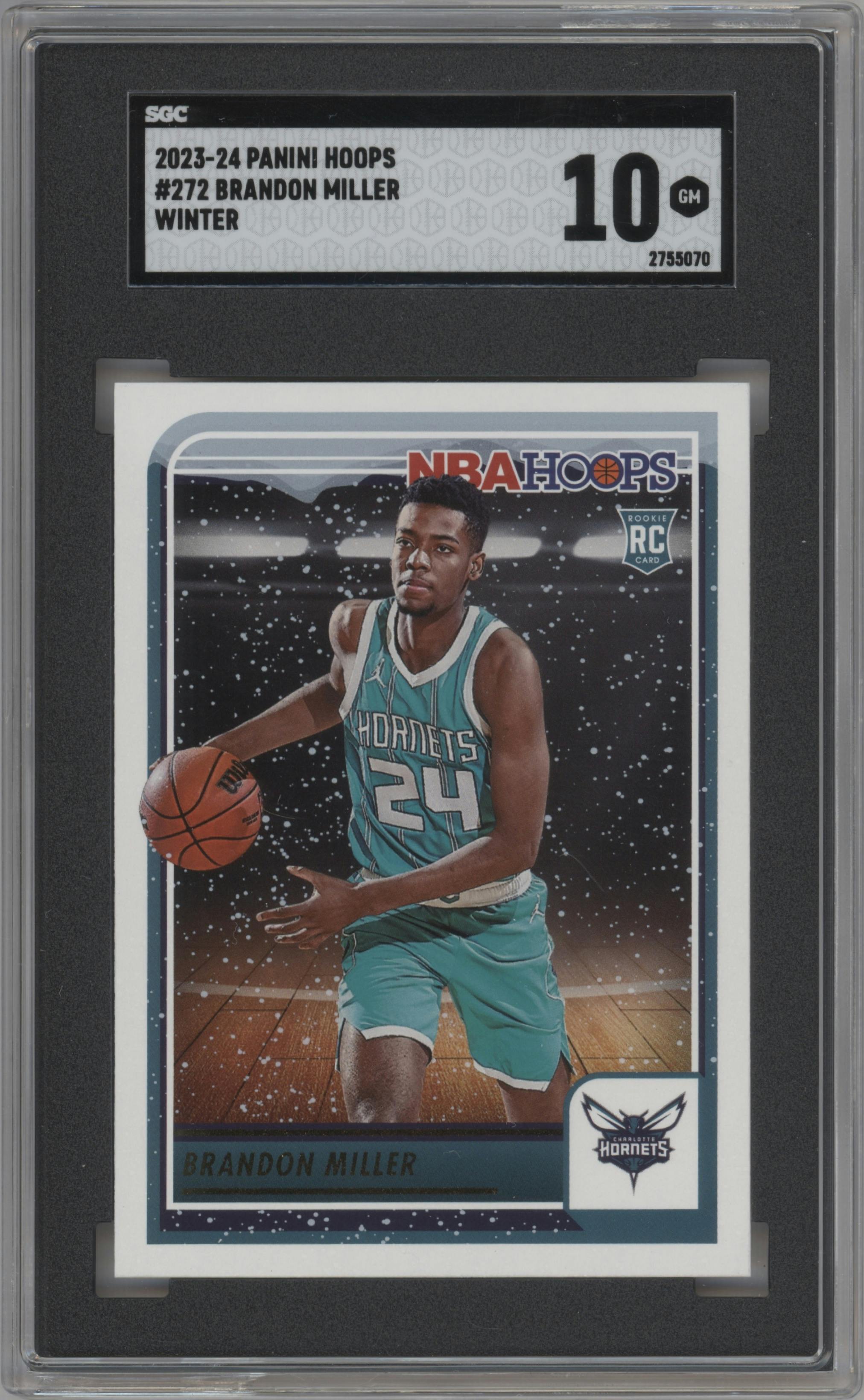 Brandon Miller from the 2023-24 Panini NBA Hoops set featuring a Winter parallel graded by SGC and given an overall grade of 10.