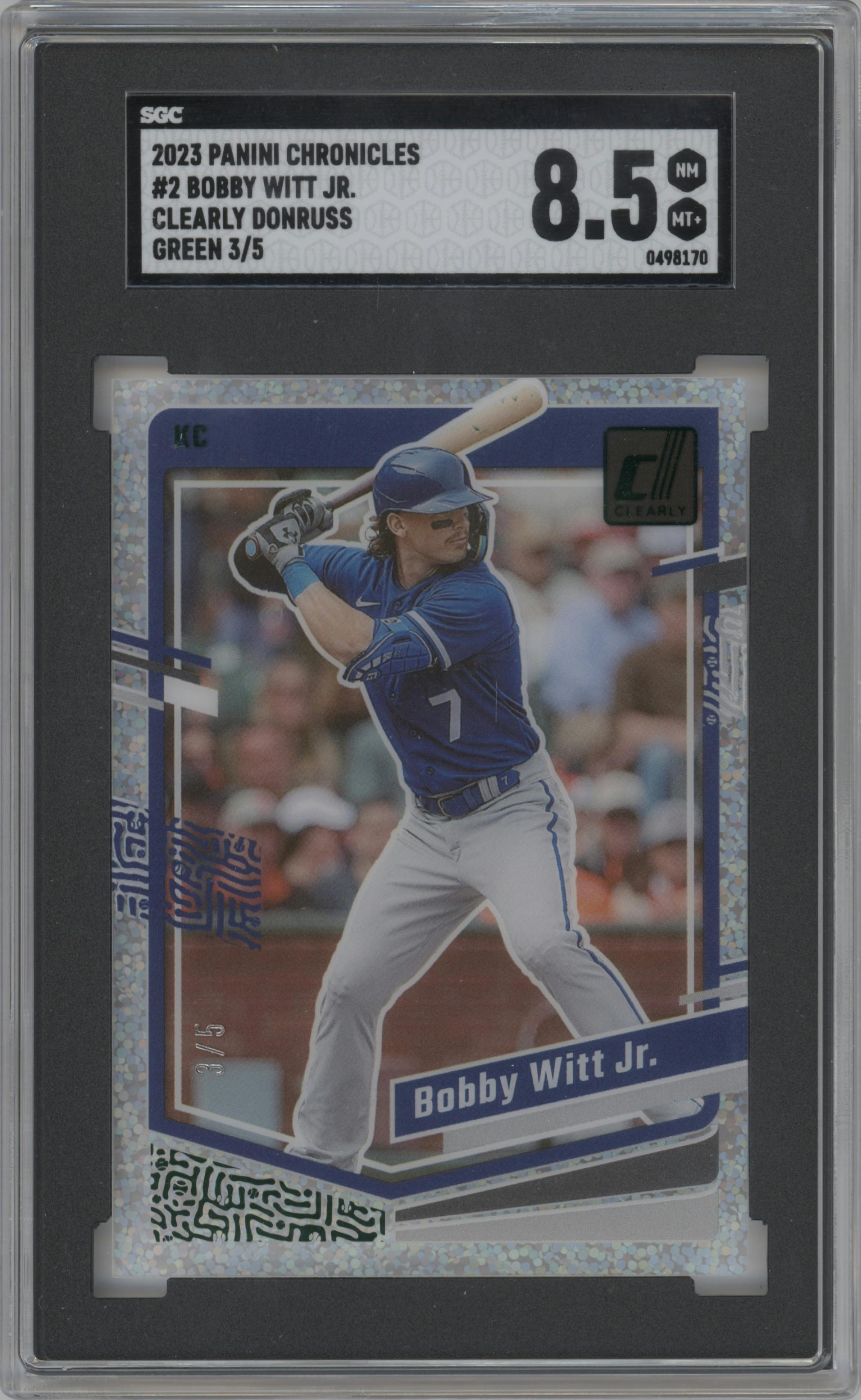 Bobby Witt Jr. from the 2023 Panini Chronicles set featuring a Green parallel graded by SGC and given an overall grade of 8.5.