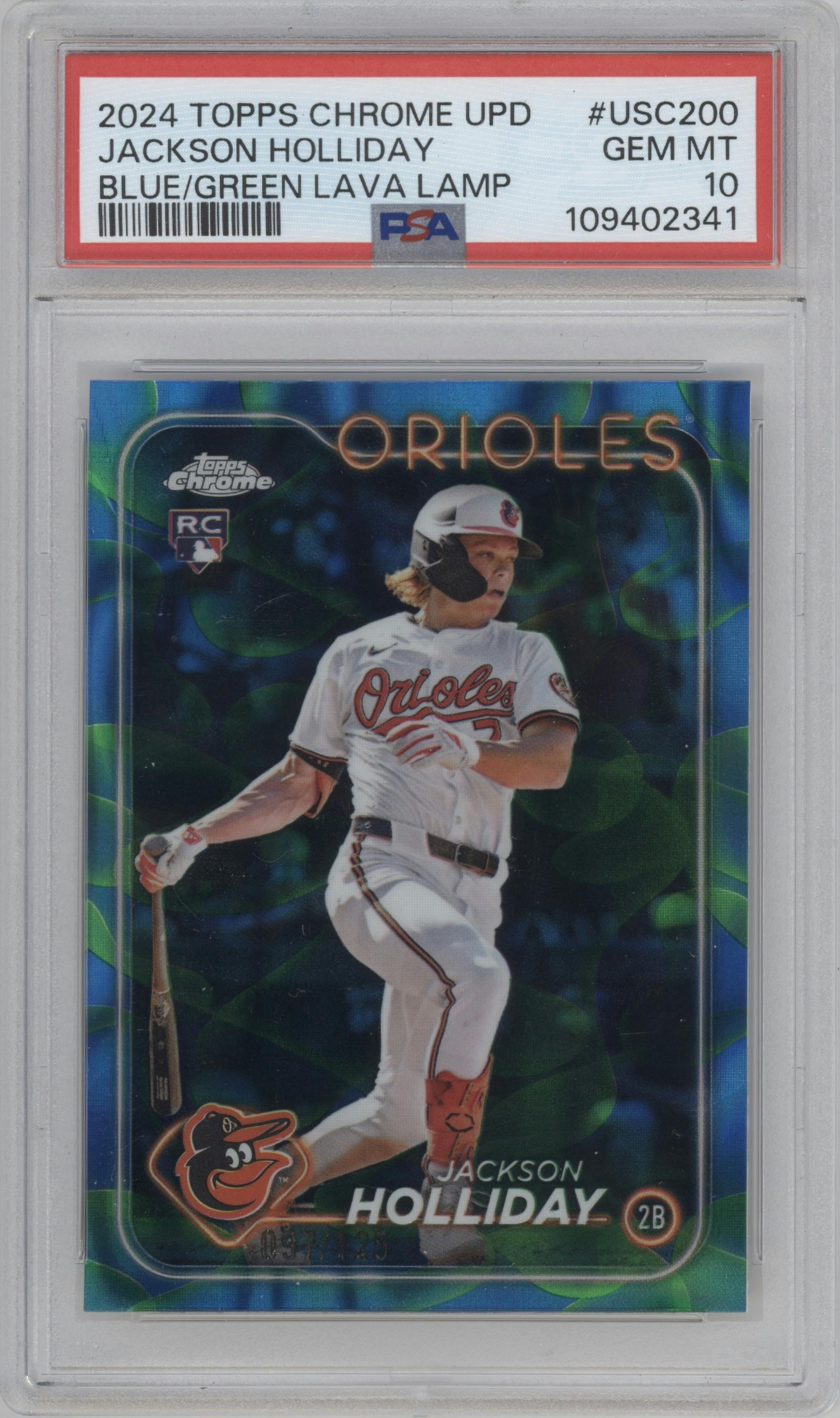Jackson Holliday from the 2024 Topps Chrome Update set featuring a Blue/Green Lava Lamp Refractors parallel graded by PSA and given an overall grade of 10.
