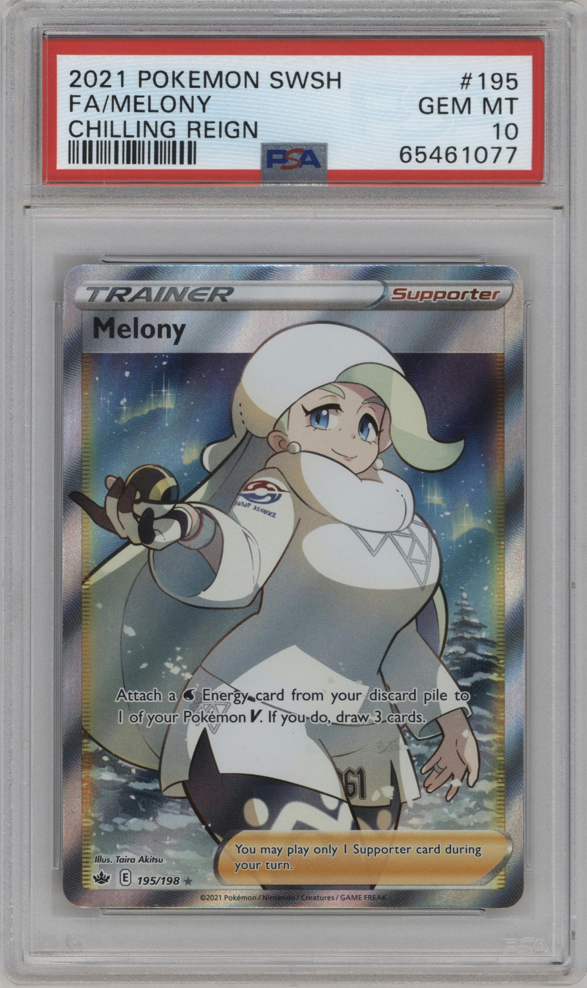Melony from the 2021 Pokemon SWSH set graded by PSA and given an overall grade of 10.