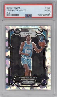 Brandon Miller from the 2023-24 Panini Prizm set featuring a Ice Prizm parallel graded by PSA and given an overall grade of 9.