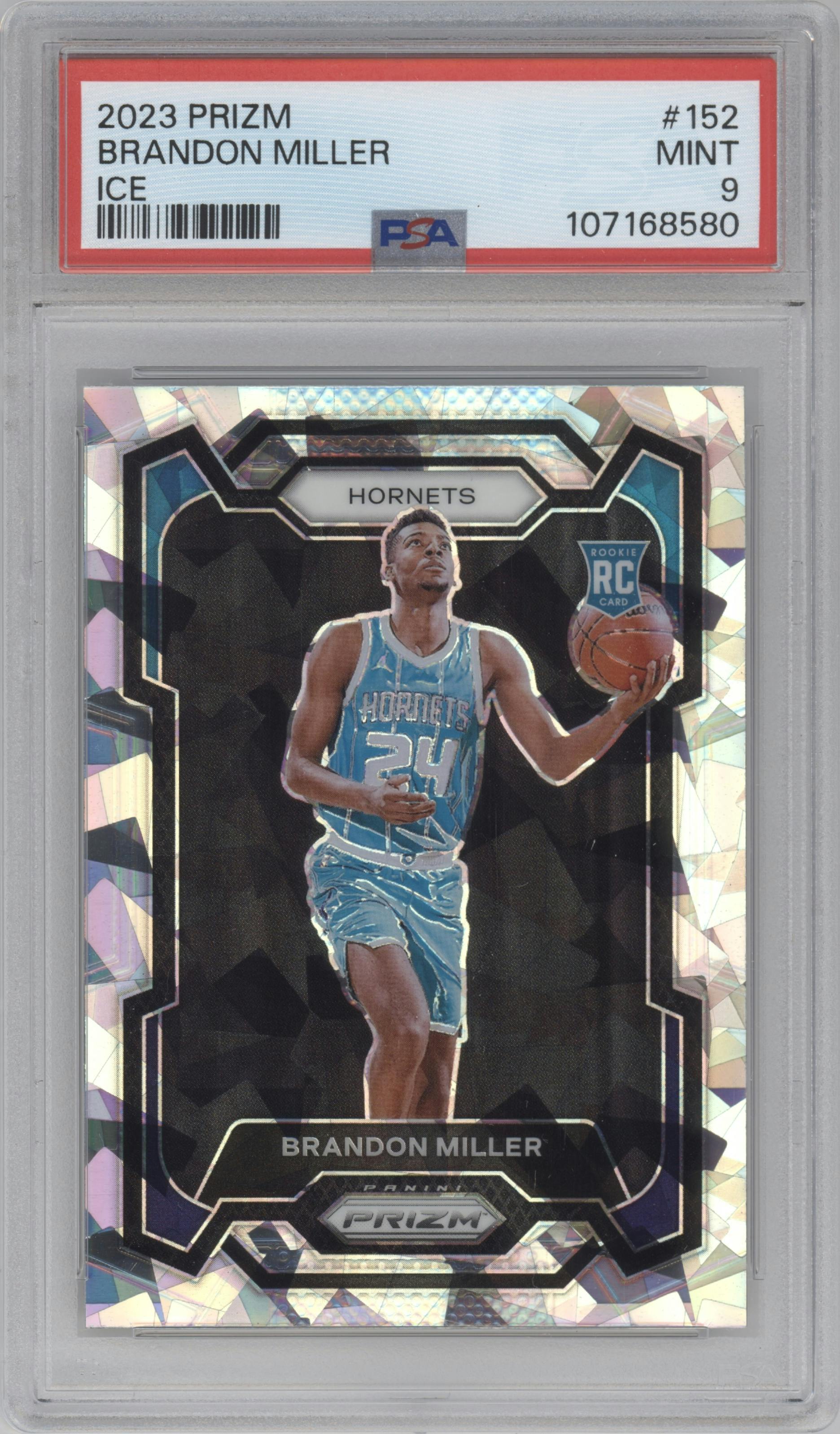 Brandon Miller from the 2023-24 Panini Prizm set featuring a Ice Prizm parallel graded by PSA and given an overall grade of 9.