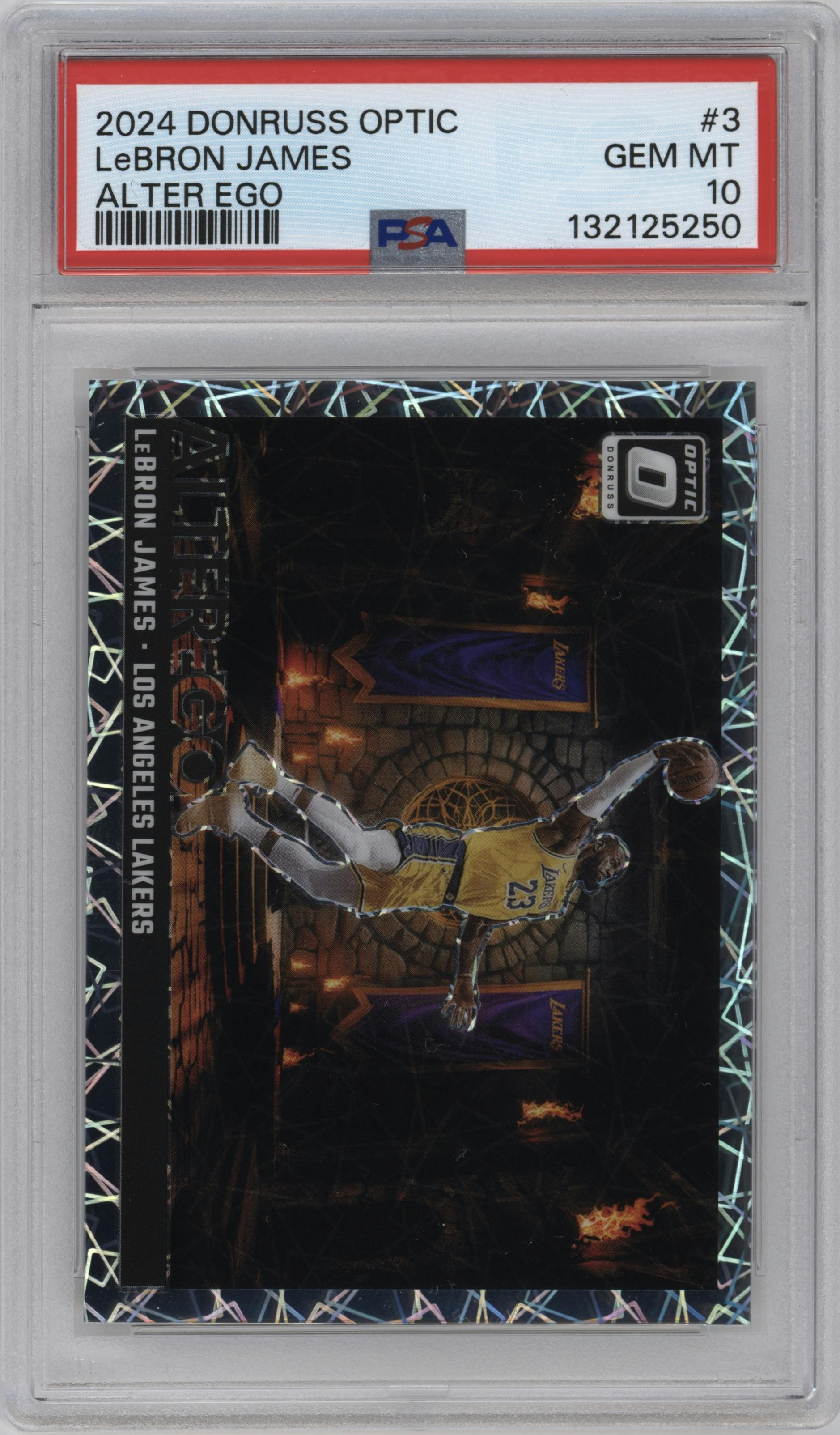 LeBron James from the 2024-25 Donruss Optic set graded by PSA and given an overall grade of 10.