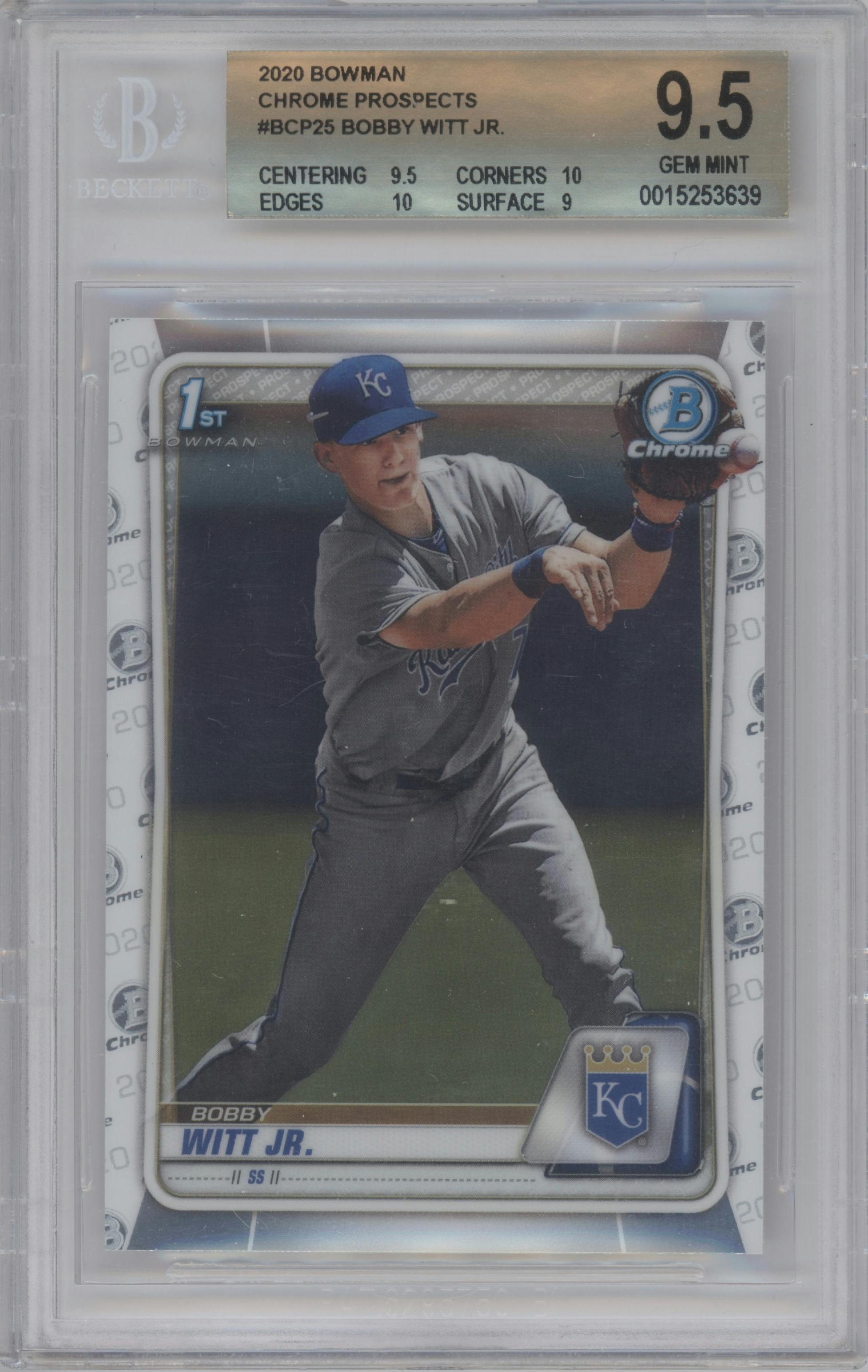 Bobby Witt Jr. from the 2020 Bowman set graded by Beckett and given an overall grade of 9.5.