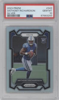 Anthony Richardson from the 2023 Panini Prizm set featuring a Silver Prizm parallel graded by PSA and given an overall grade of 10.